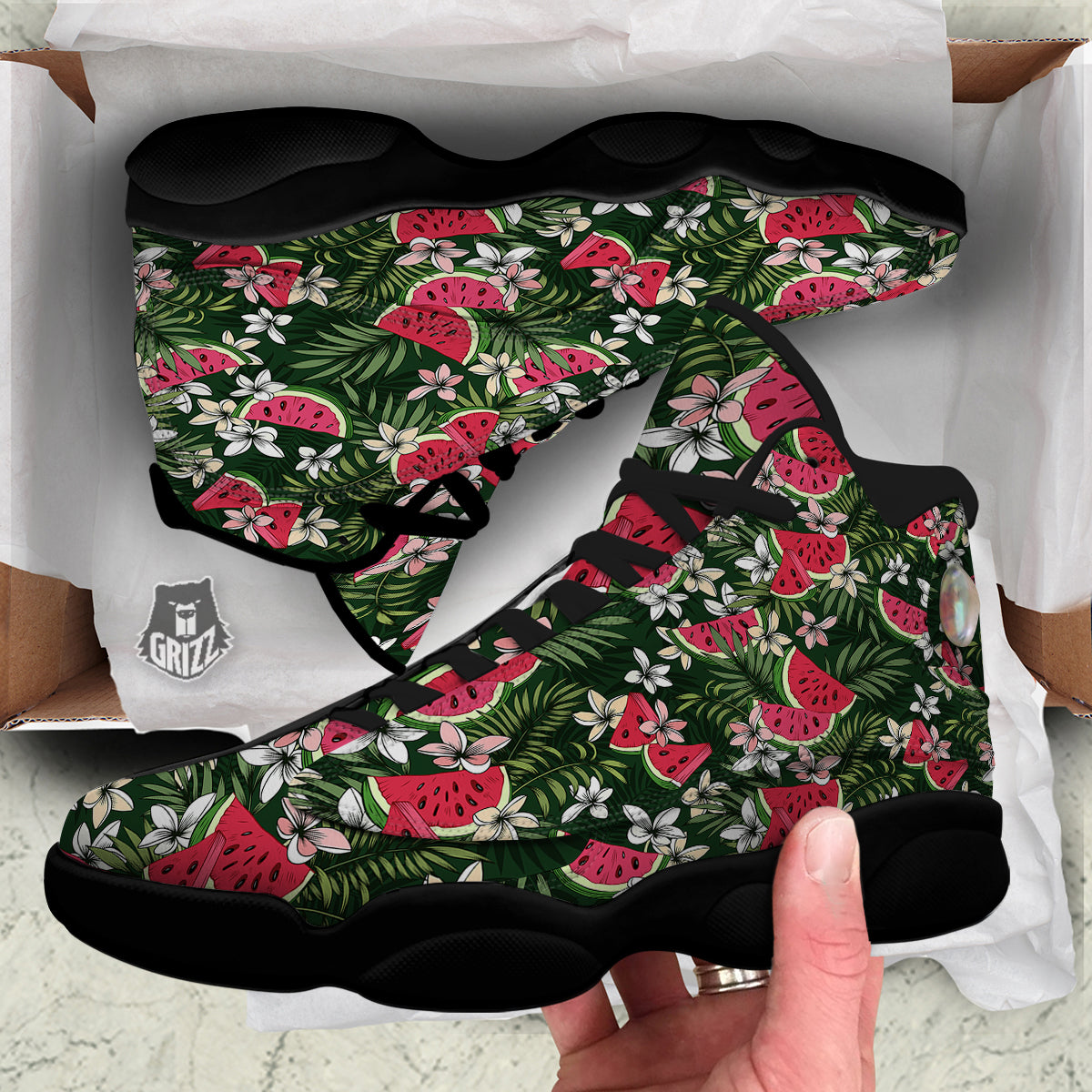 Watermelon Leaves Tropical Print Pattern Black Basketball Shoes-grizzshop