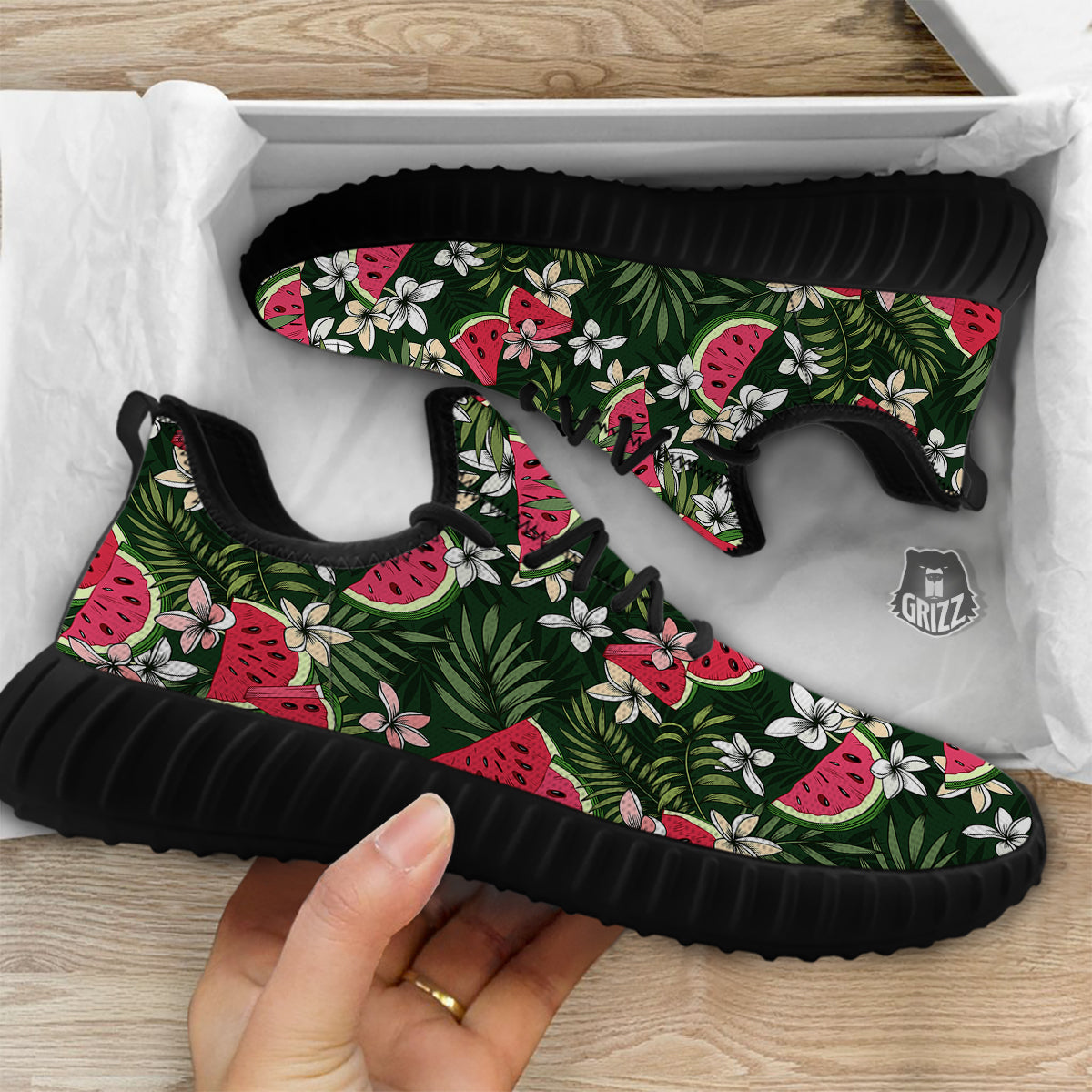 Watermelon Leaves Tropical Print Pattern Black Walking Shoes-grizzshop
