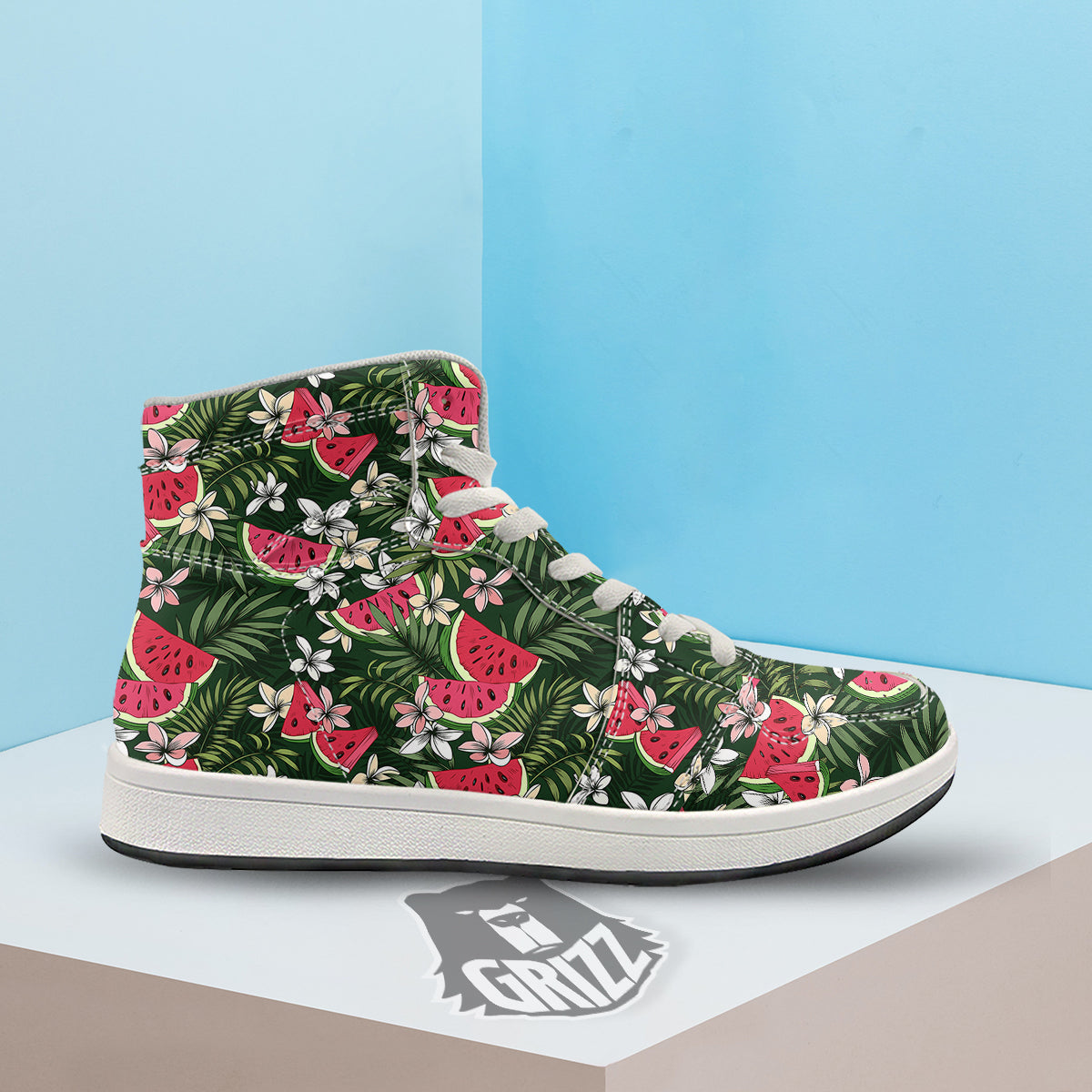 Watermelon Leaves Tropical Print Pattern High Top Sneakers-grizzshop