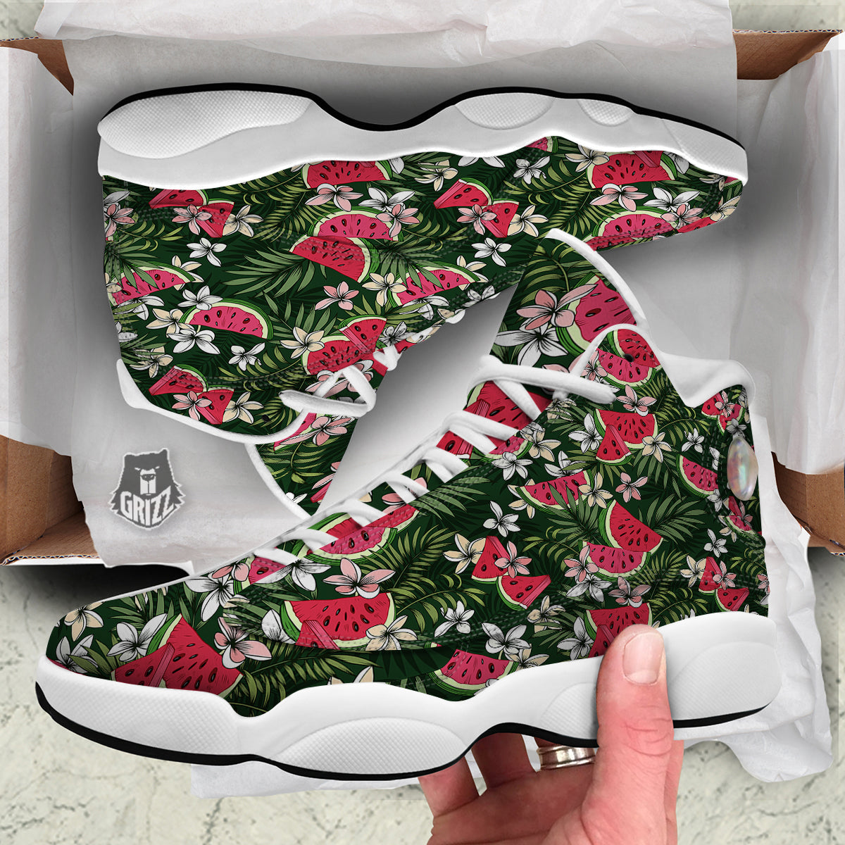 Watermelon Leaves Tropical Print Pattern White Basketball Shoes-grizzshop