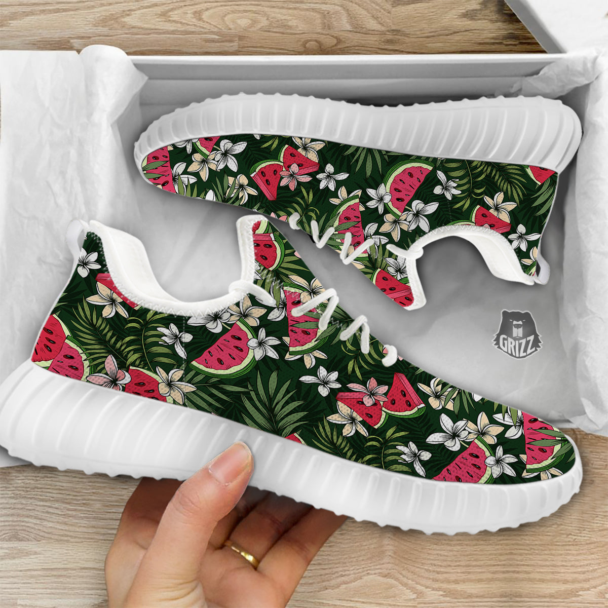 Watermelon Leaves Tropical Print Pattern White Walking Shoes-grizzshop