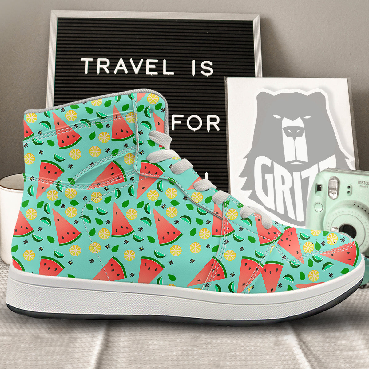 Watermelon Lime Green Print Pattern High Top Sneakers-grizzshop