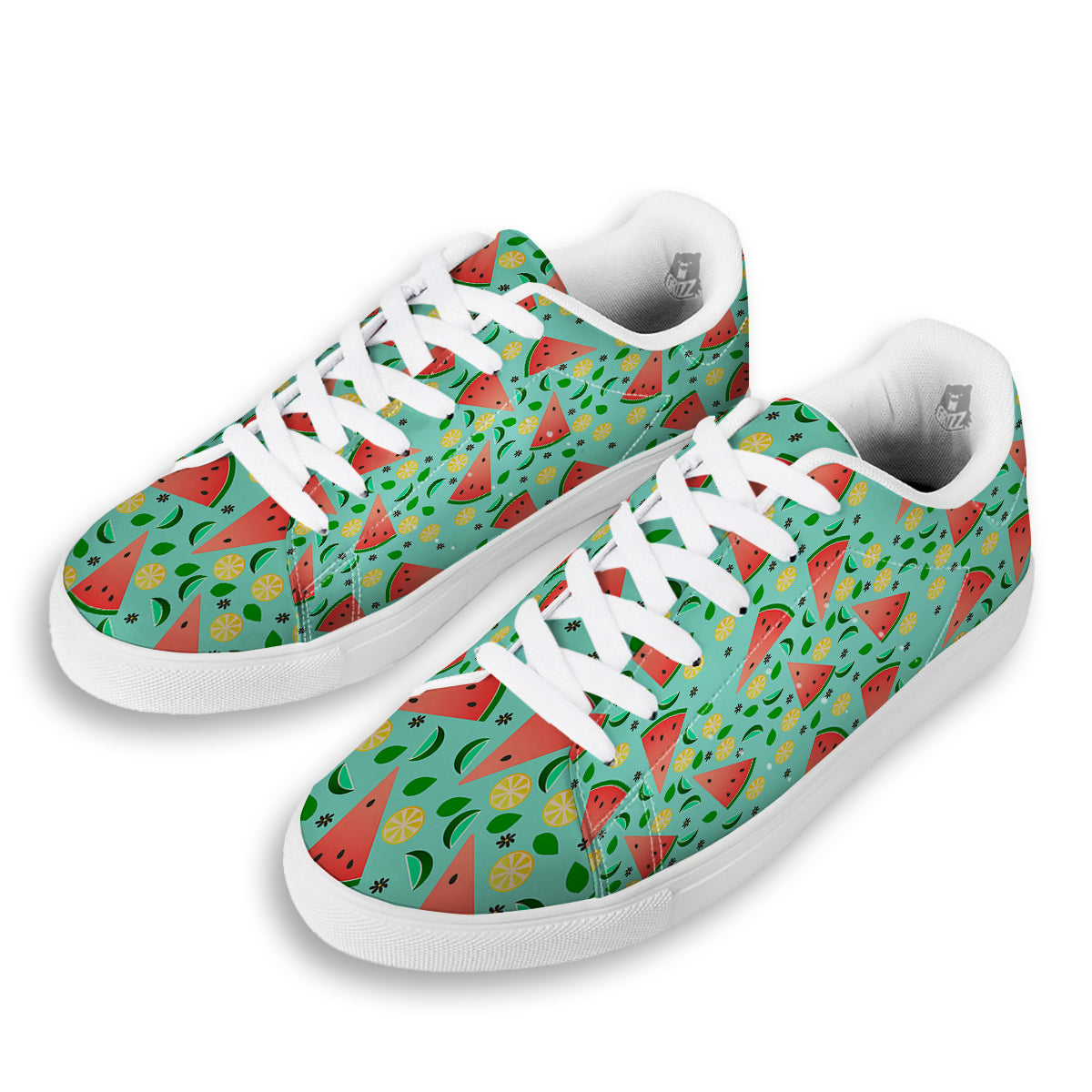 Watermelon Lime Green Print Pattern White Low Top Sneakers-grizzshop