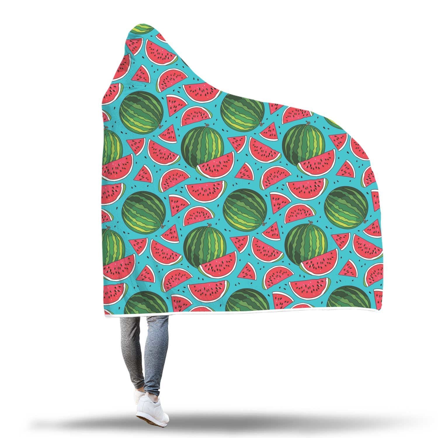 Watermelon Piece Blue Pattern Print Hooded Blanket-grizzshop