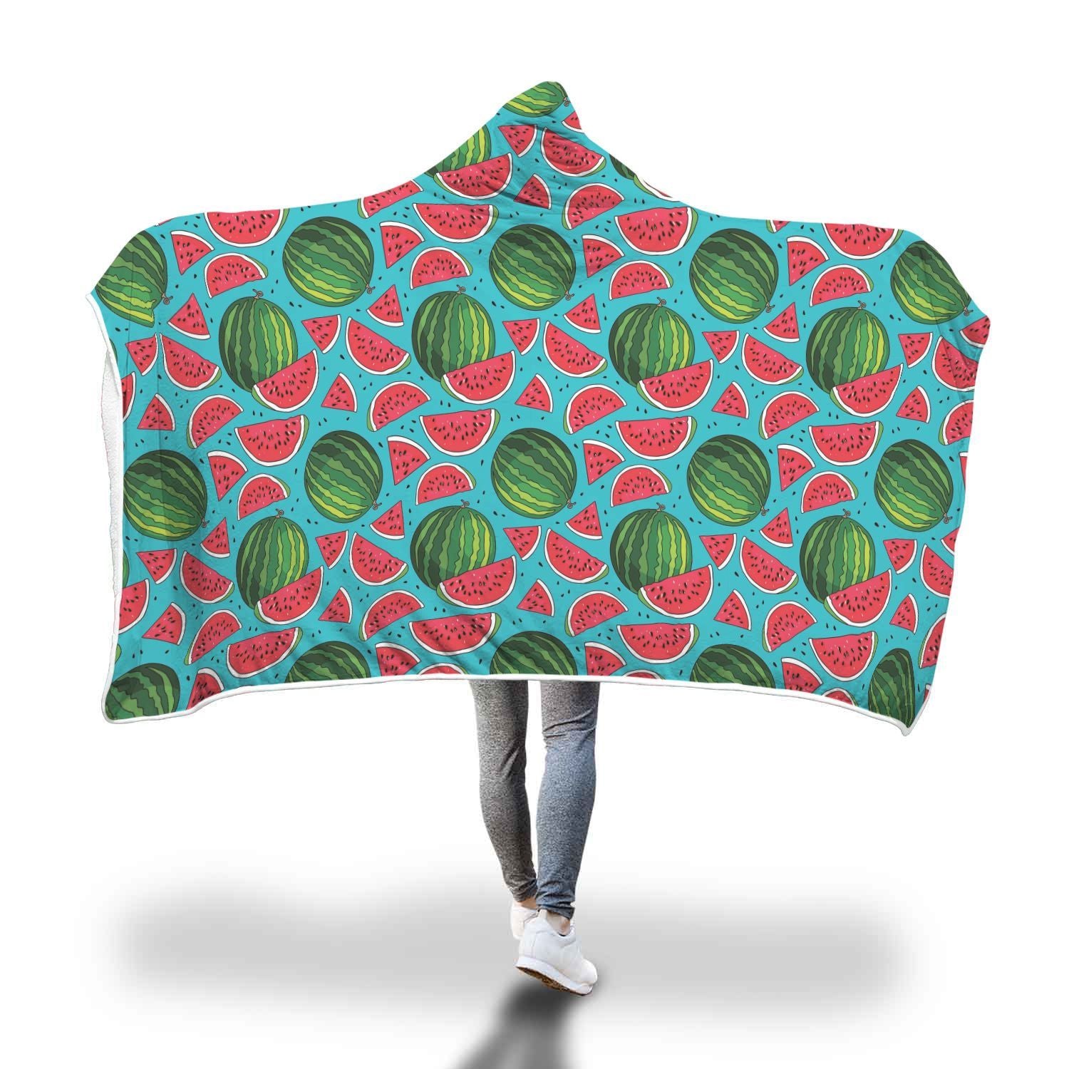 Watermelon Piece Blue Pattern Print Hooded Blanket-grizzshop
