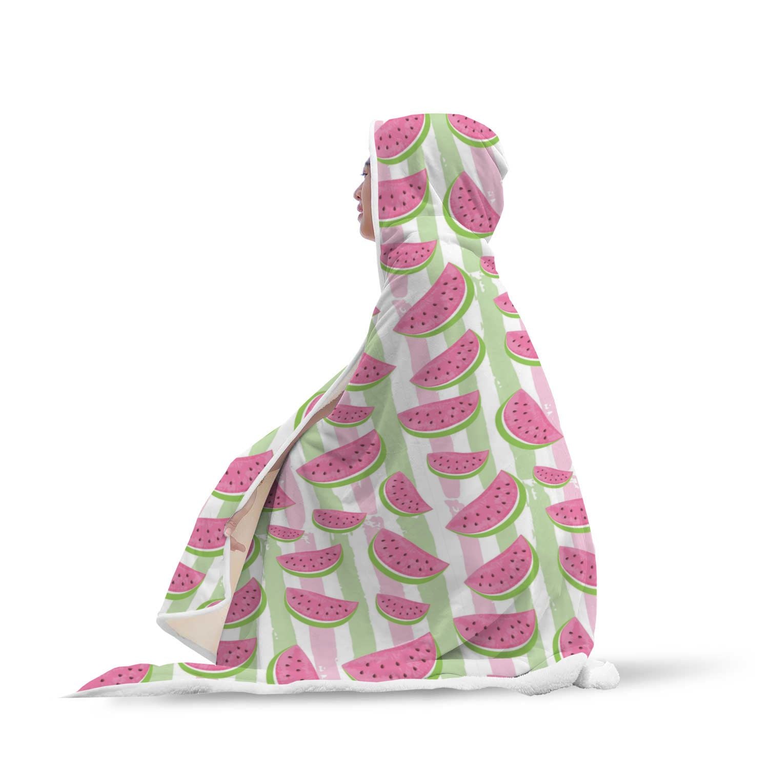 Watermelon Piece Stripe Green Pink Pattern Print Hooded Blanket-grizzshop