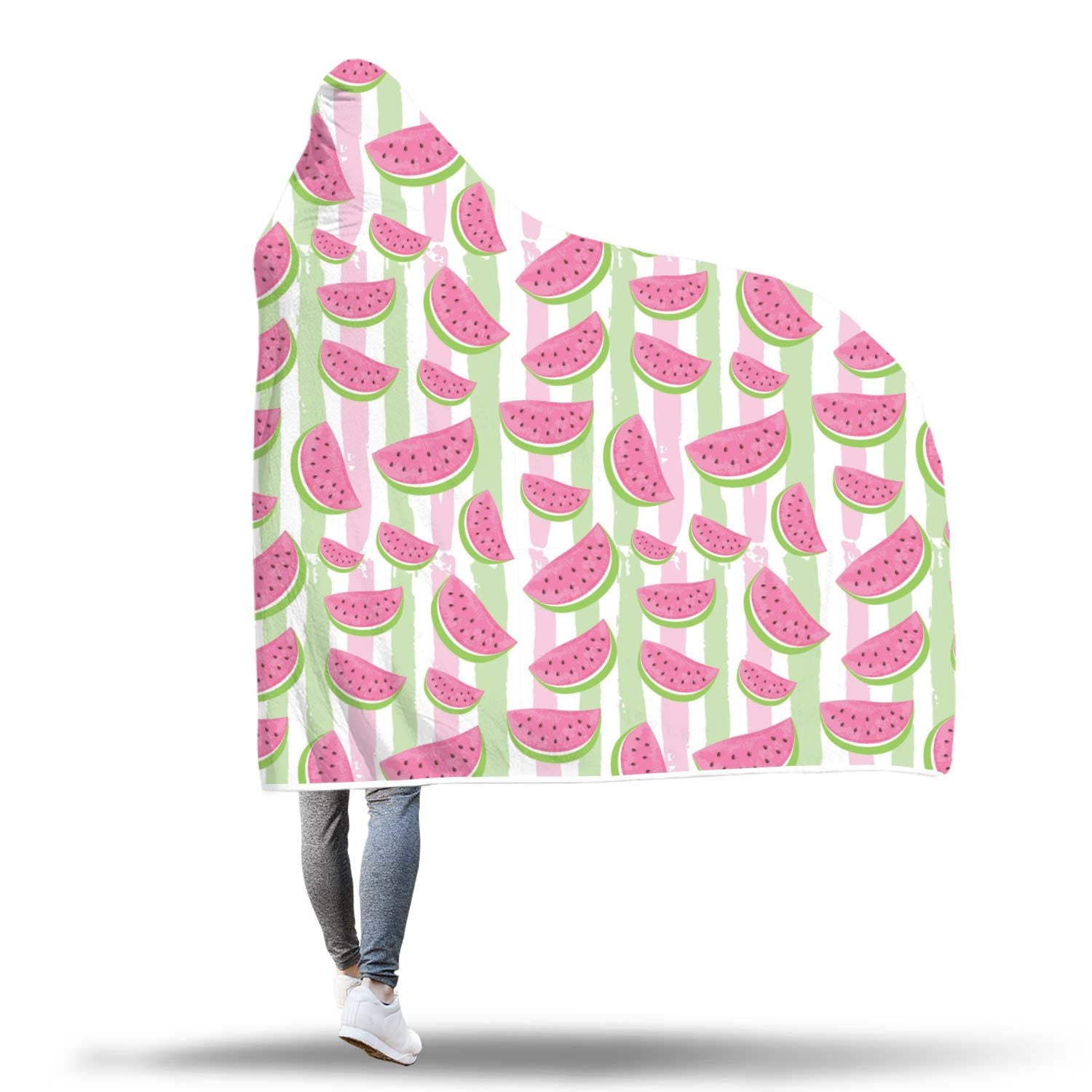 Watermelon Piece Stripe Green Pink Pattern Print Hooded Blanket-grizzshop