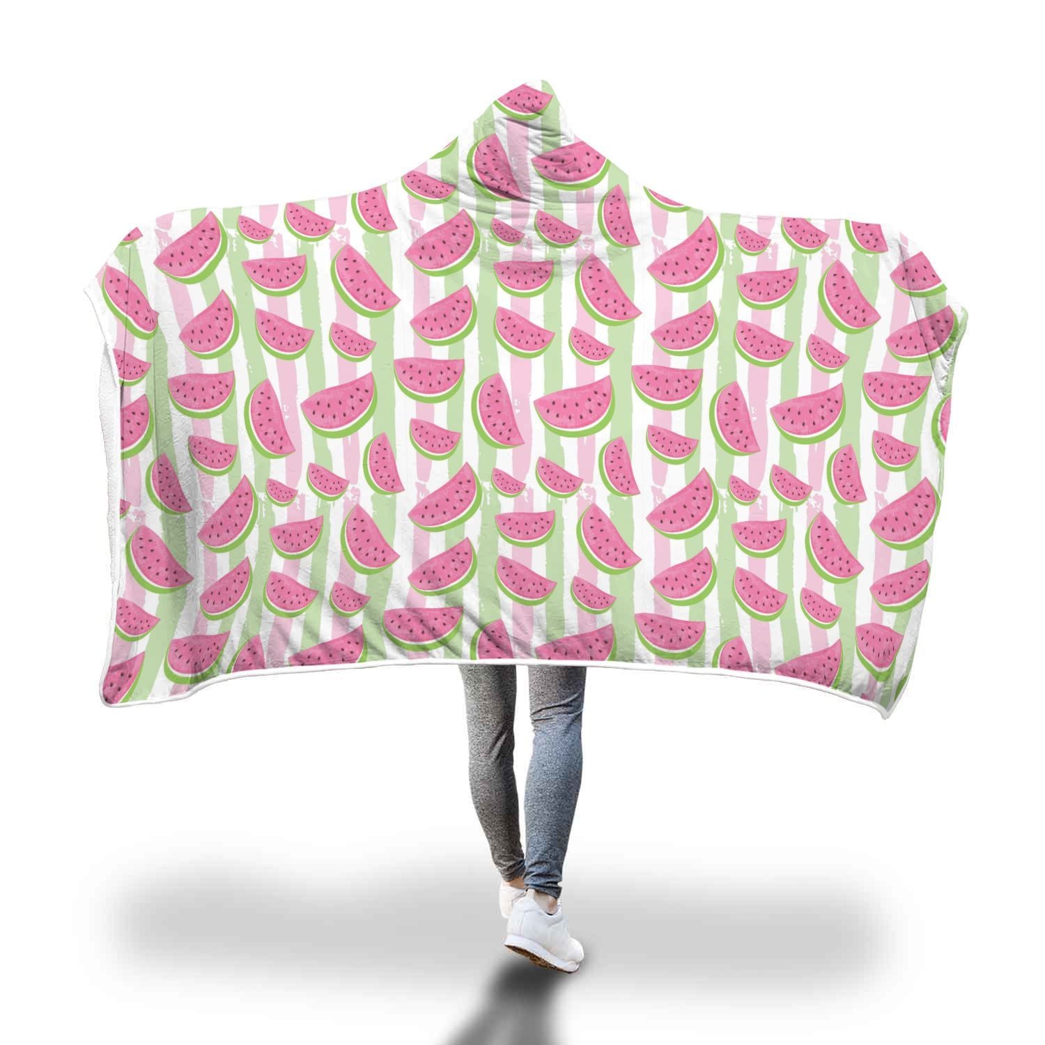 Watermelon Piece Stripe Green Pink Pattern Print Hooded Blanket-grizzshop