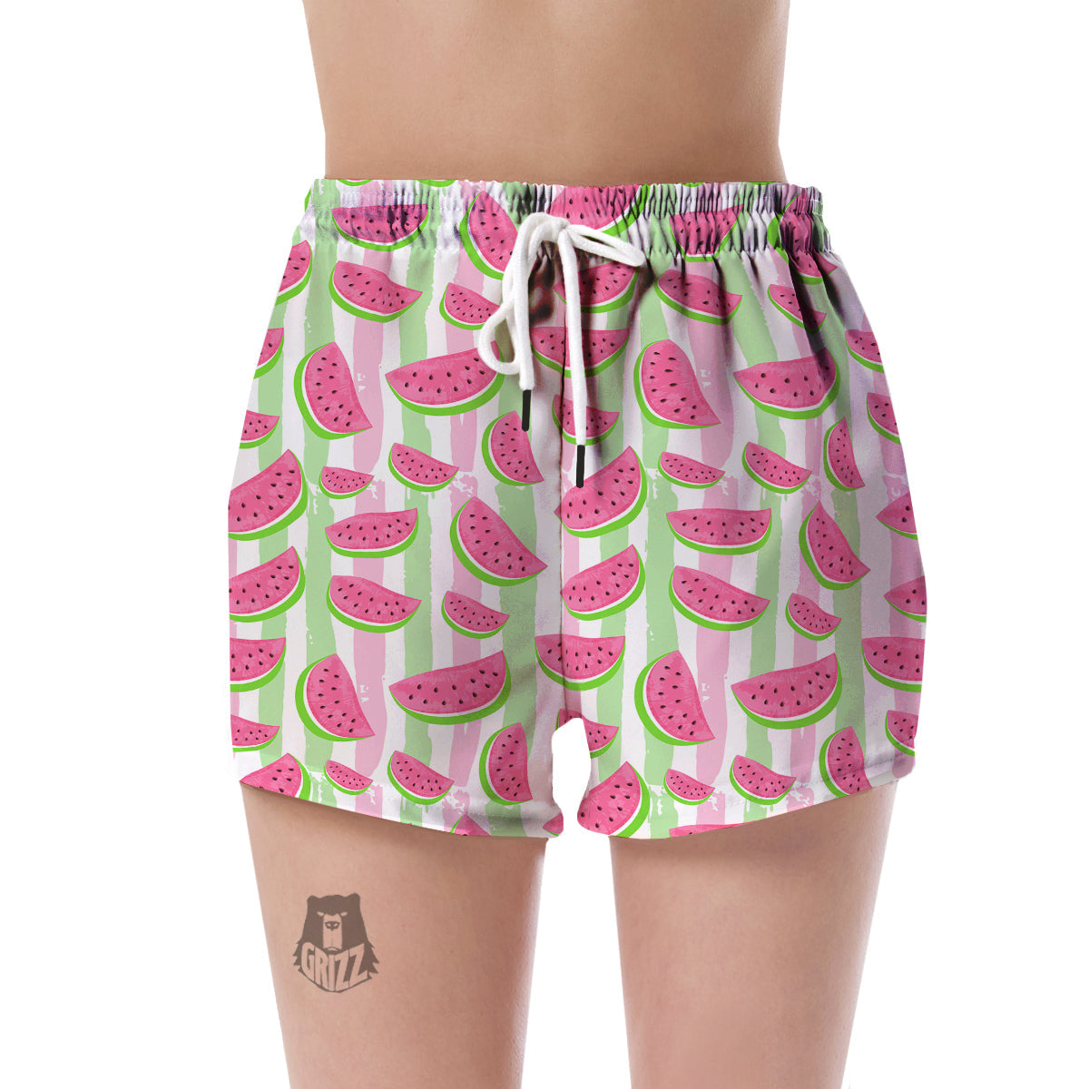 Watermelon Piece Stripe Green Pink Pattern Print Women's Shorts-grizzshop