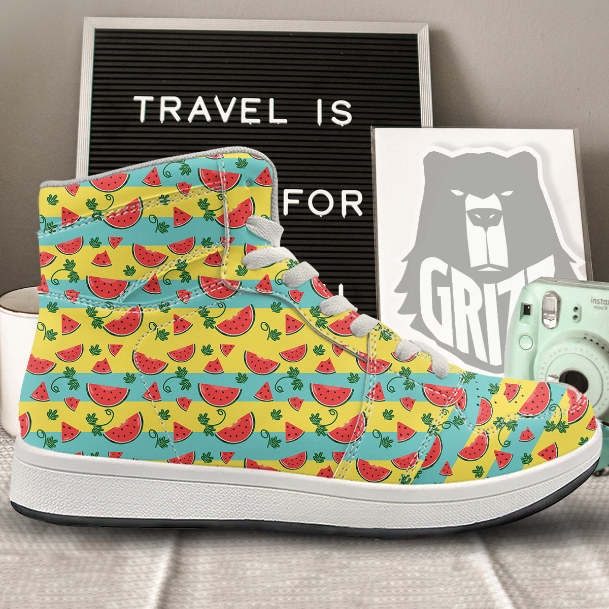 Watermelon Pieces Yellow Print Pattern High Top Sneakers-grizzshop