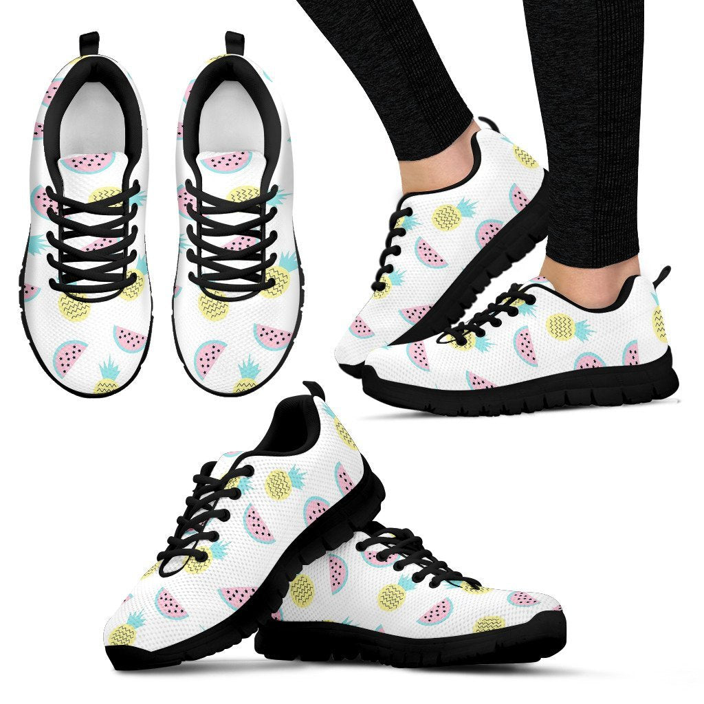 Watermelon Pineapple Piece White Pattern Print Black Sneaker Shoes For Men Women-grizzshop