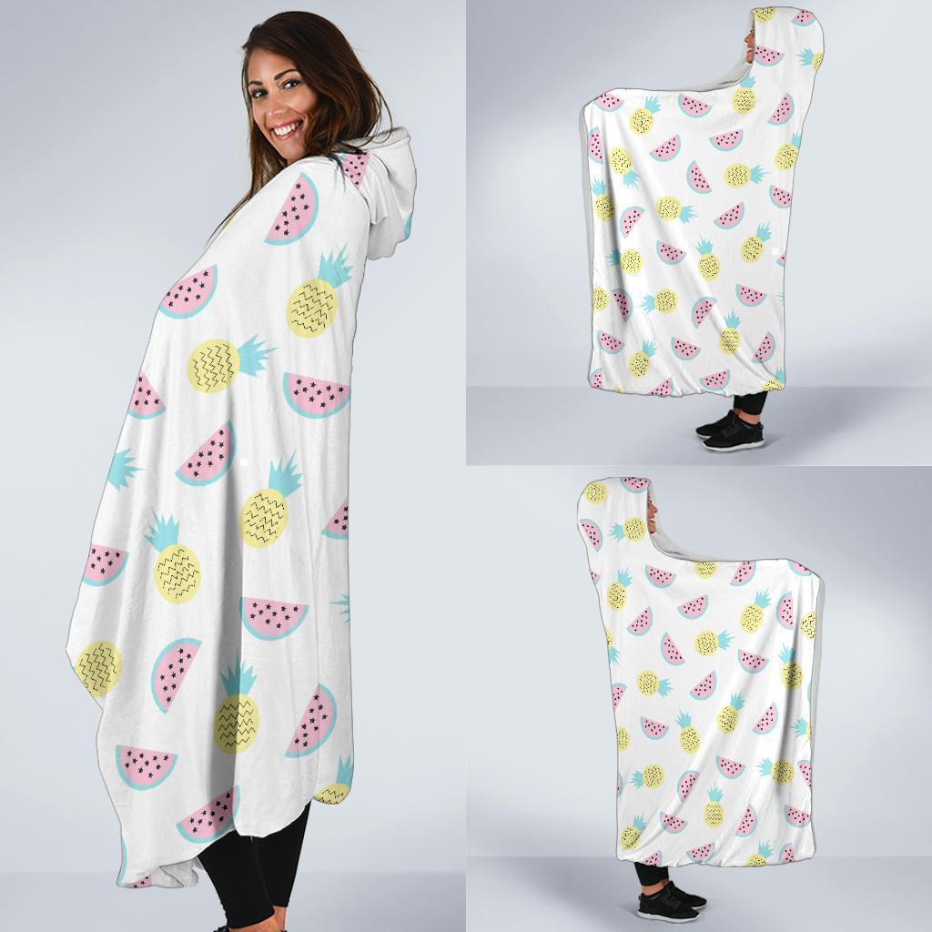 Watermelon Pineapple Piece White Pattern Print Hooded Blanket-grizzshop