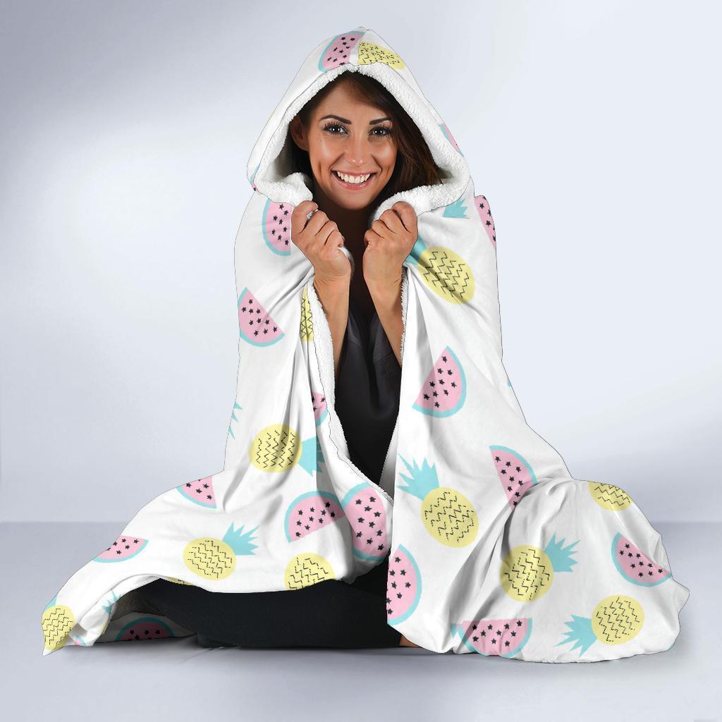 Watermelon Pineapple Piece White Pattern Print Hooded Blanket-grizzshop