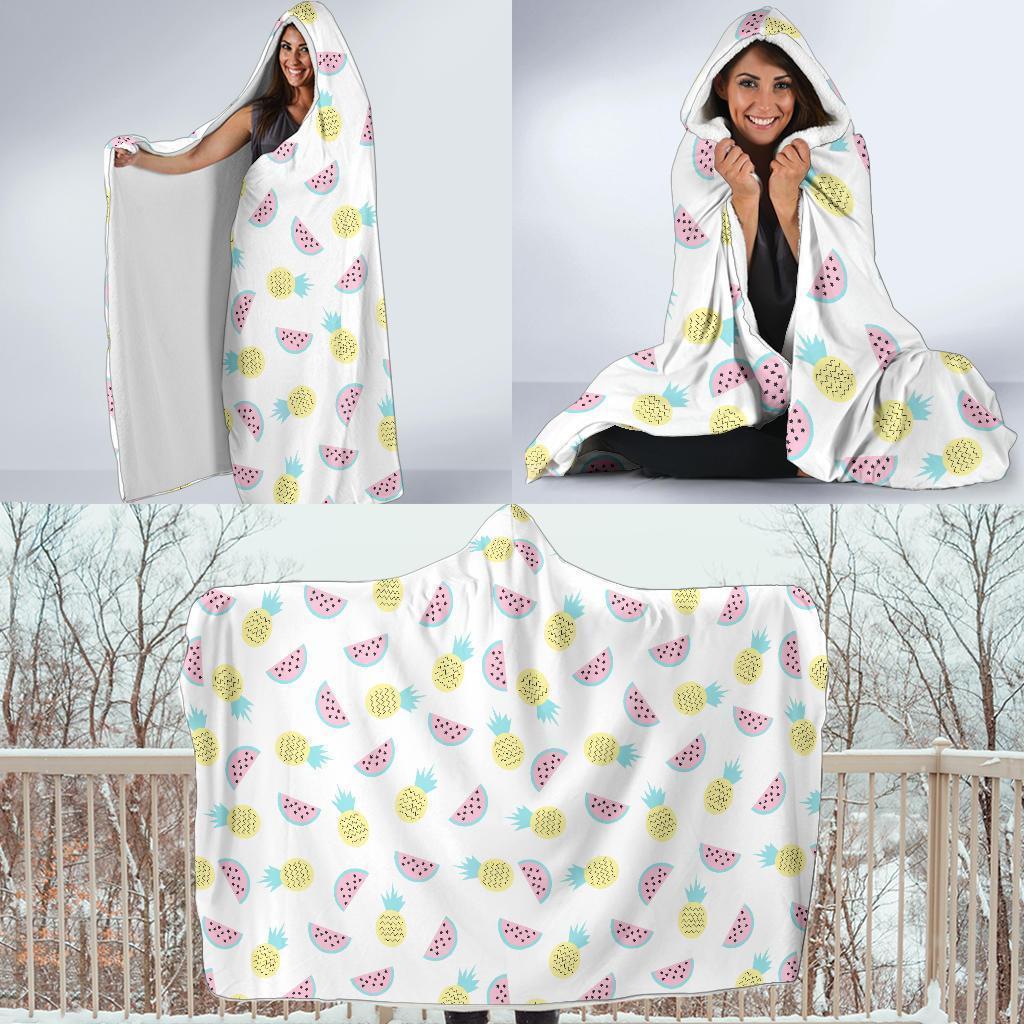 Watermelon Pineapple Piece White Pattern Print Hooded Blanket-grizzshop