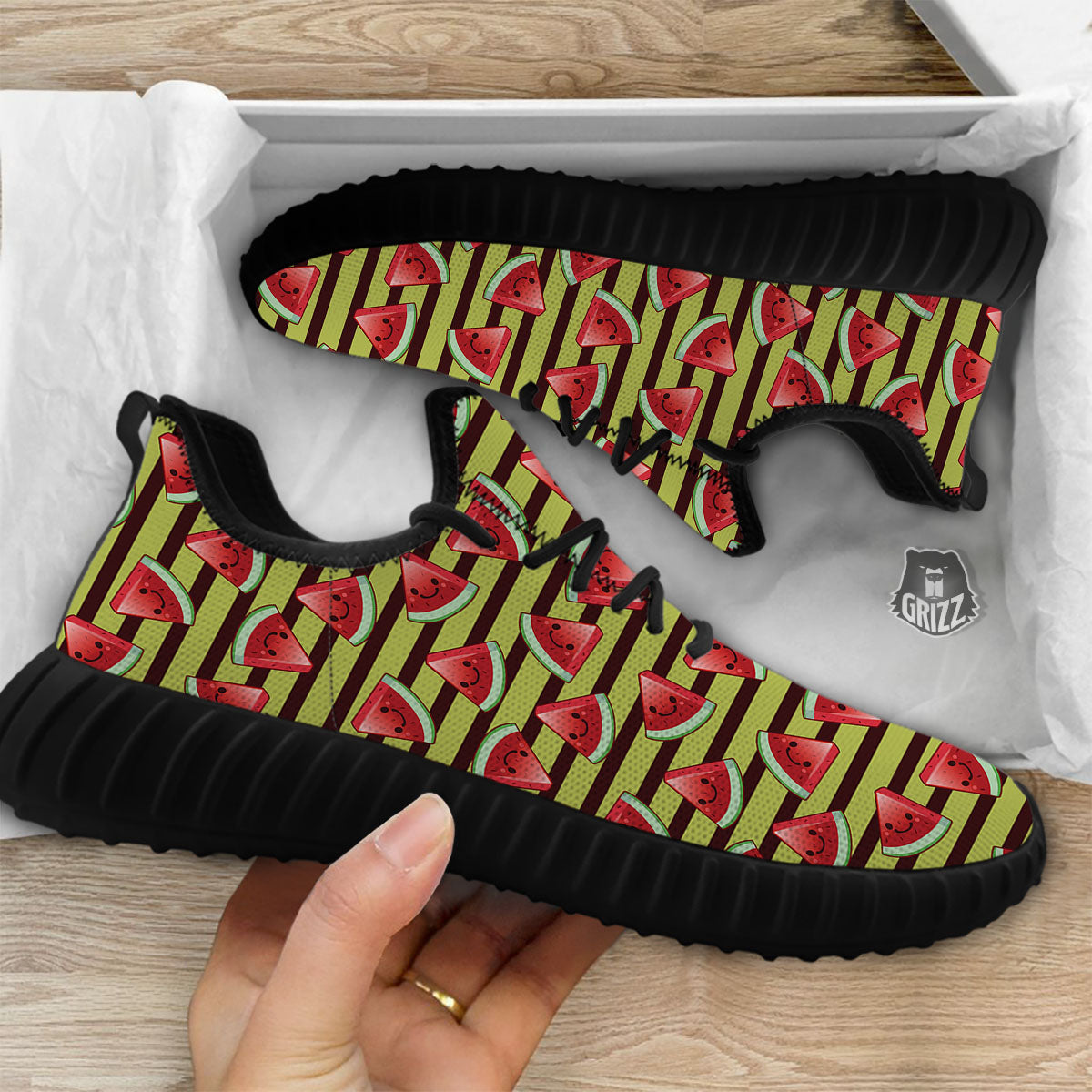 Watermelon Striped Green Print Pattern Black Walking Shoes-grizzshop