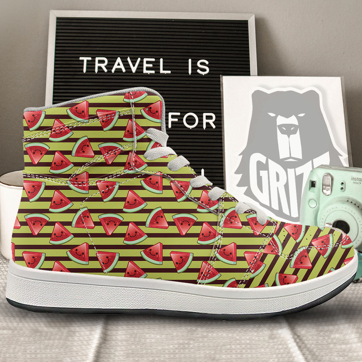 Watermelon Striped Green Print Pattern High Top Sneakers-grizzshop