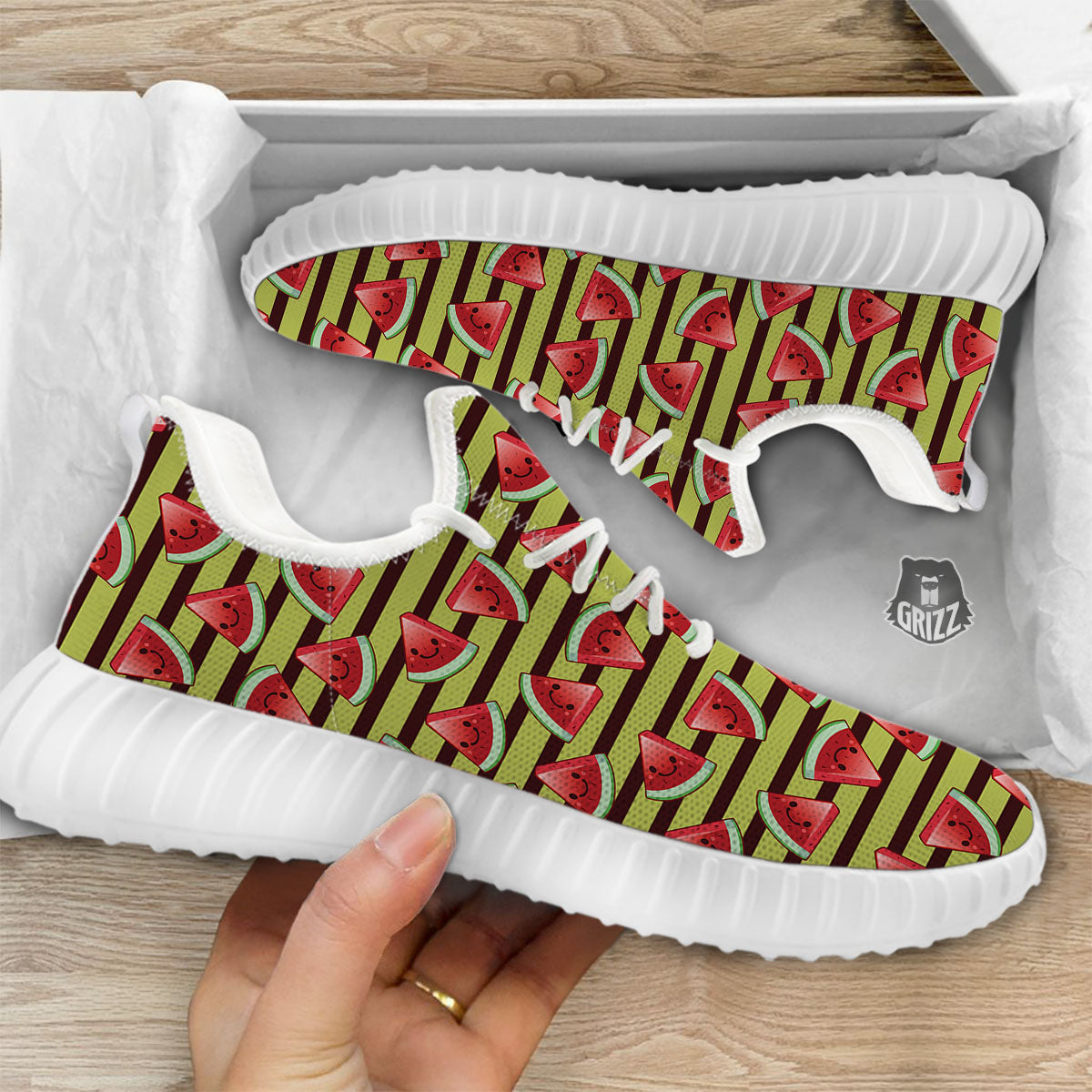 Watermelon Striped Green Print Pattern White Walking Shoes-grizzshop