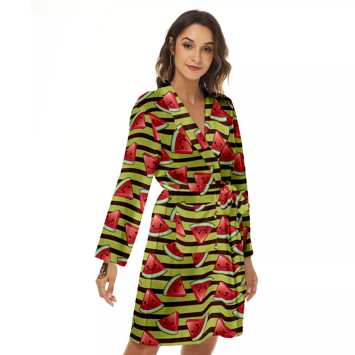 Watermelon Striped Green Print Pattern Women's Robe-grizzshop