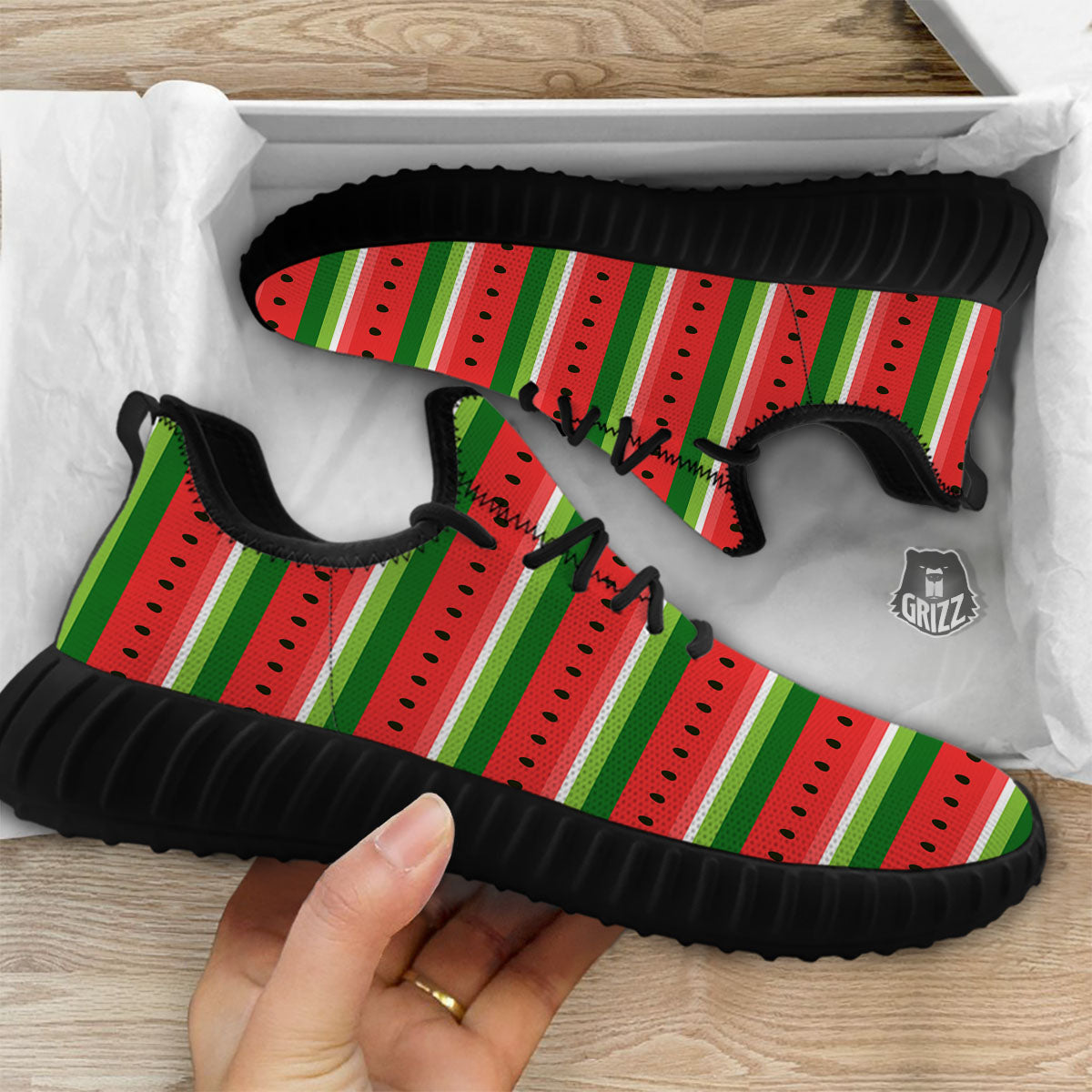 Watermelon Stripes Green Print Pattern Black Walking Shoes-grizzshop