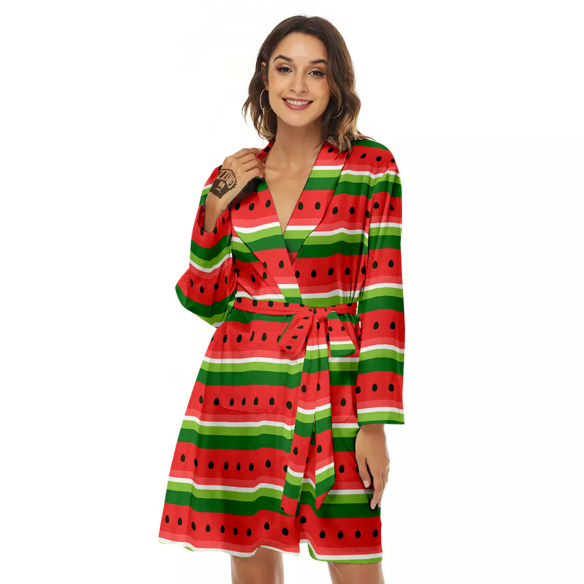 Watermelon Stripes Green Print Pattern Women's Robe-grizzshop