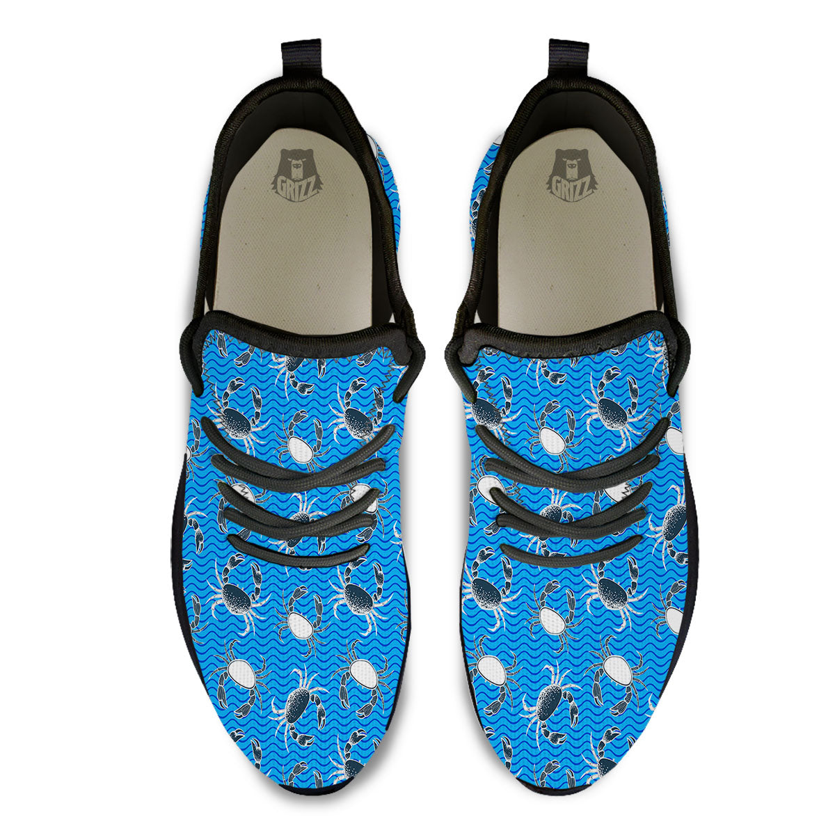 Wave Crab White And Blue Print Pattern Black Athletic Shoes-grizzshop