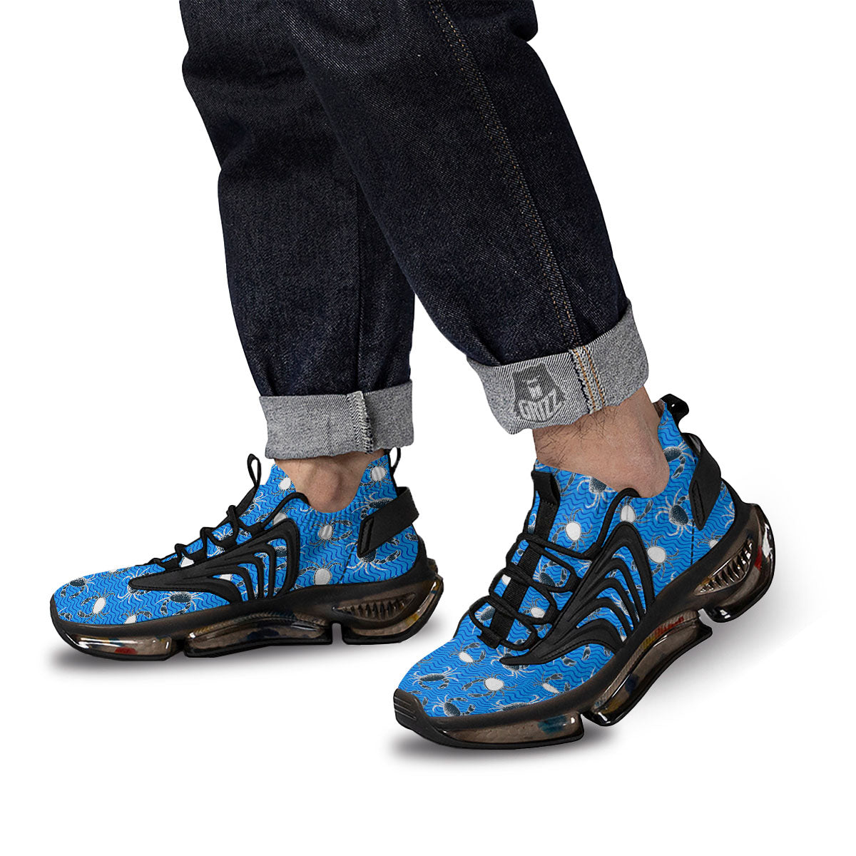 Wave Crab White And Blue Print Pattern Black Gym Shoes-grizzshop