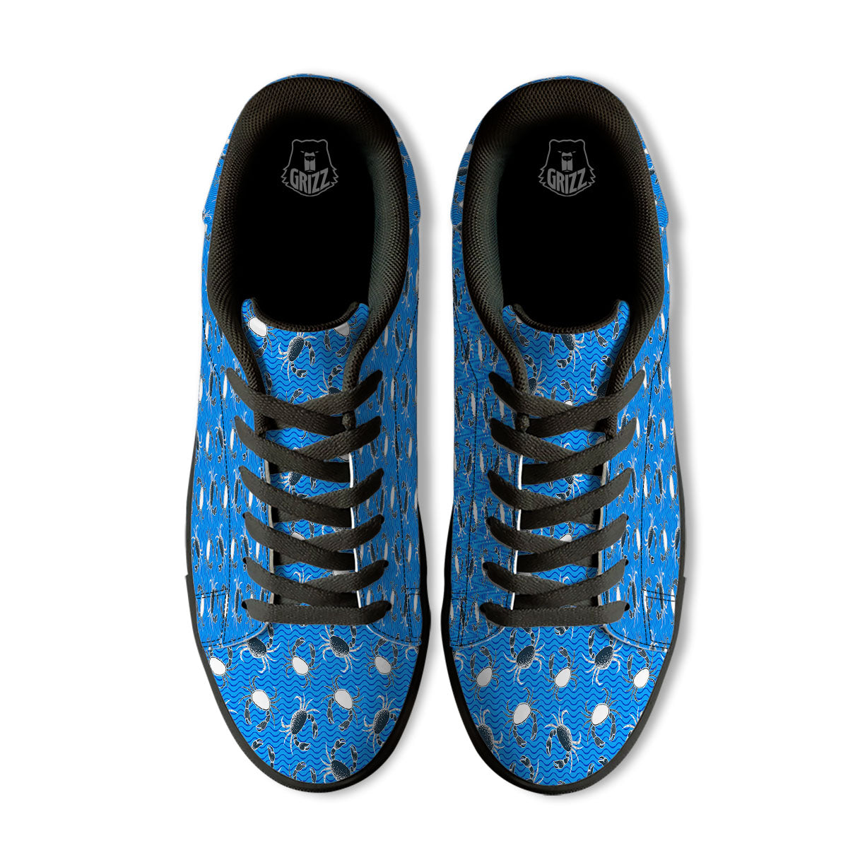 Wave Crab White And Blue Print Pattern Black Low Top Sneakers-grizzshop