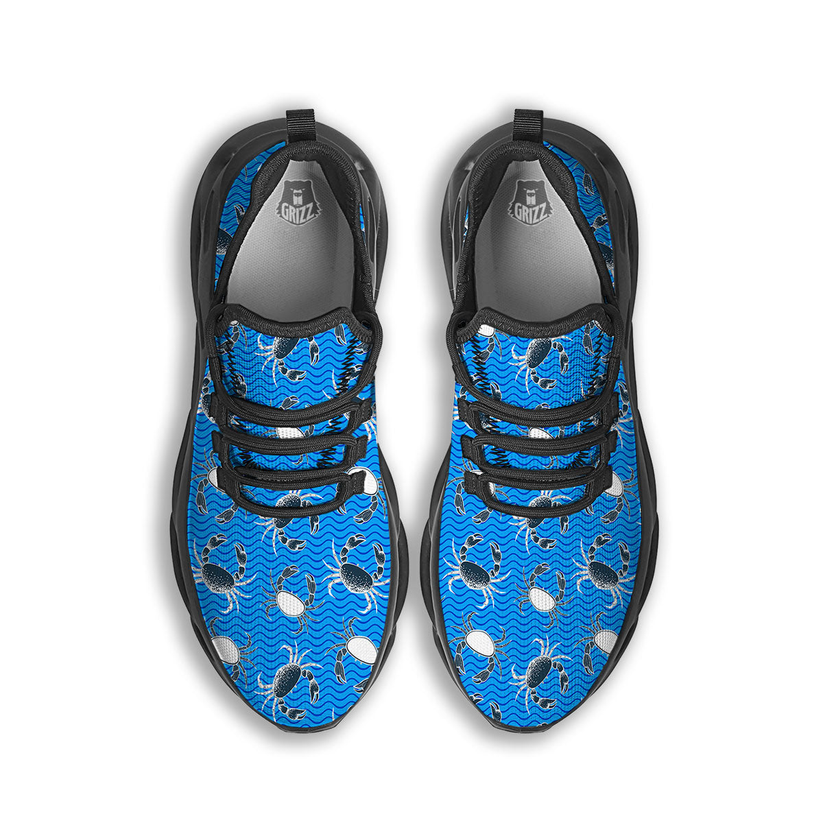 Wave Crab White And Blue Print Pattern Black Running Shoes-grizzshop