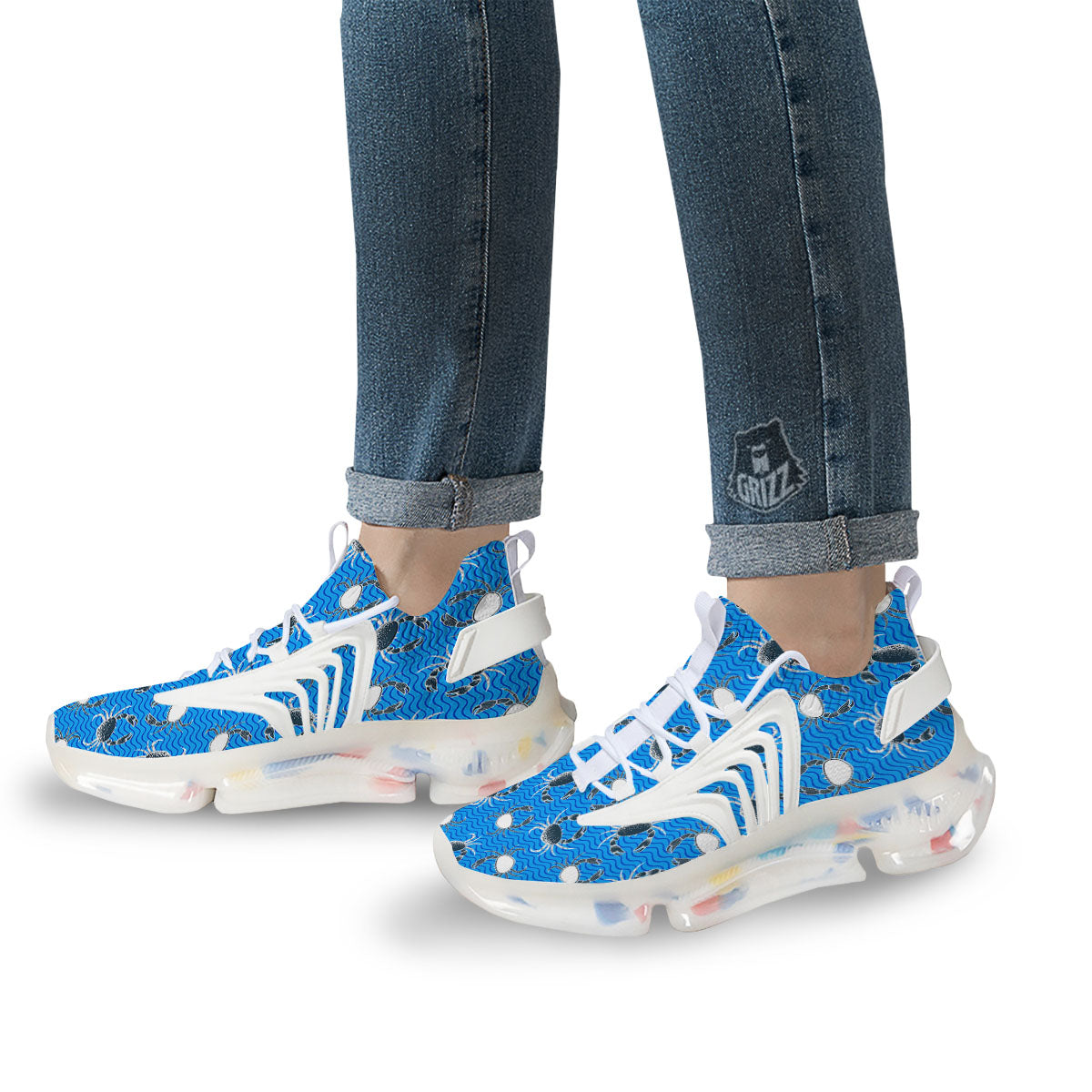 Wave Crab White And Blue Print Pattern White Gym Shoes-grizzshop