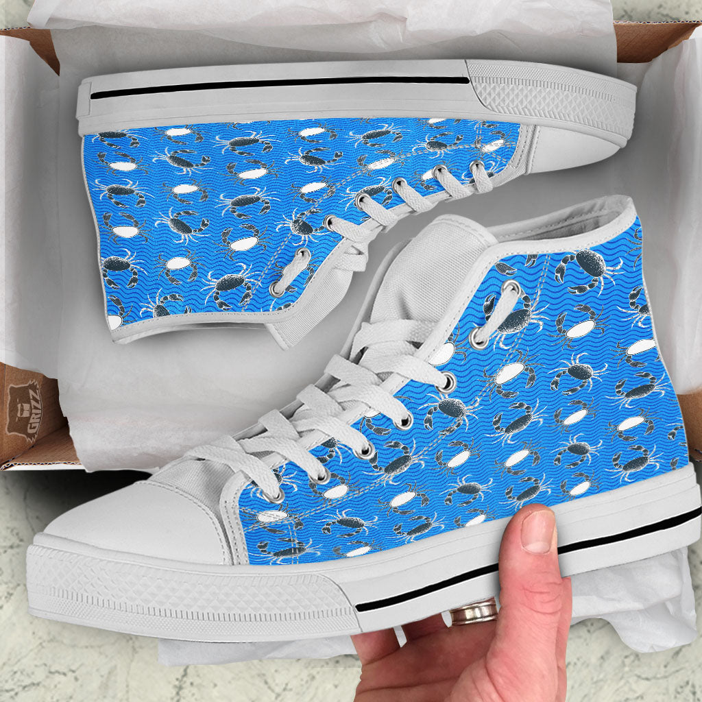 Wave Crab White And Blue Print Pattern White High Top Shoes-grizzshop