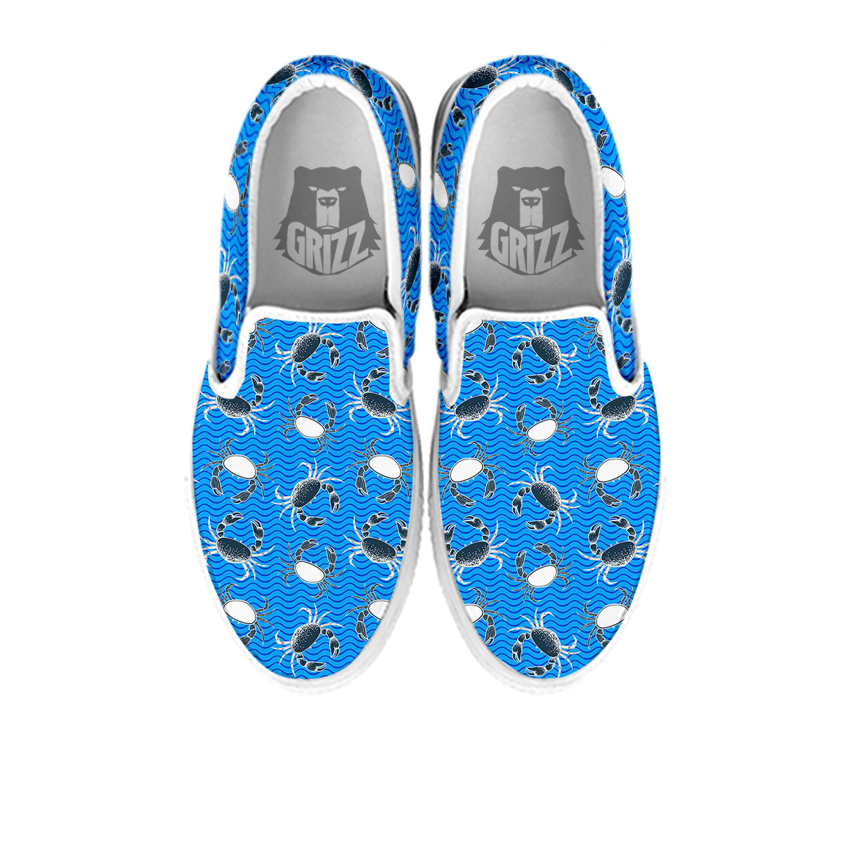 Wave Crab White And Blue Print Pattern White Slip On Shoes-grizzshop
