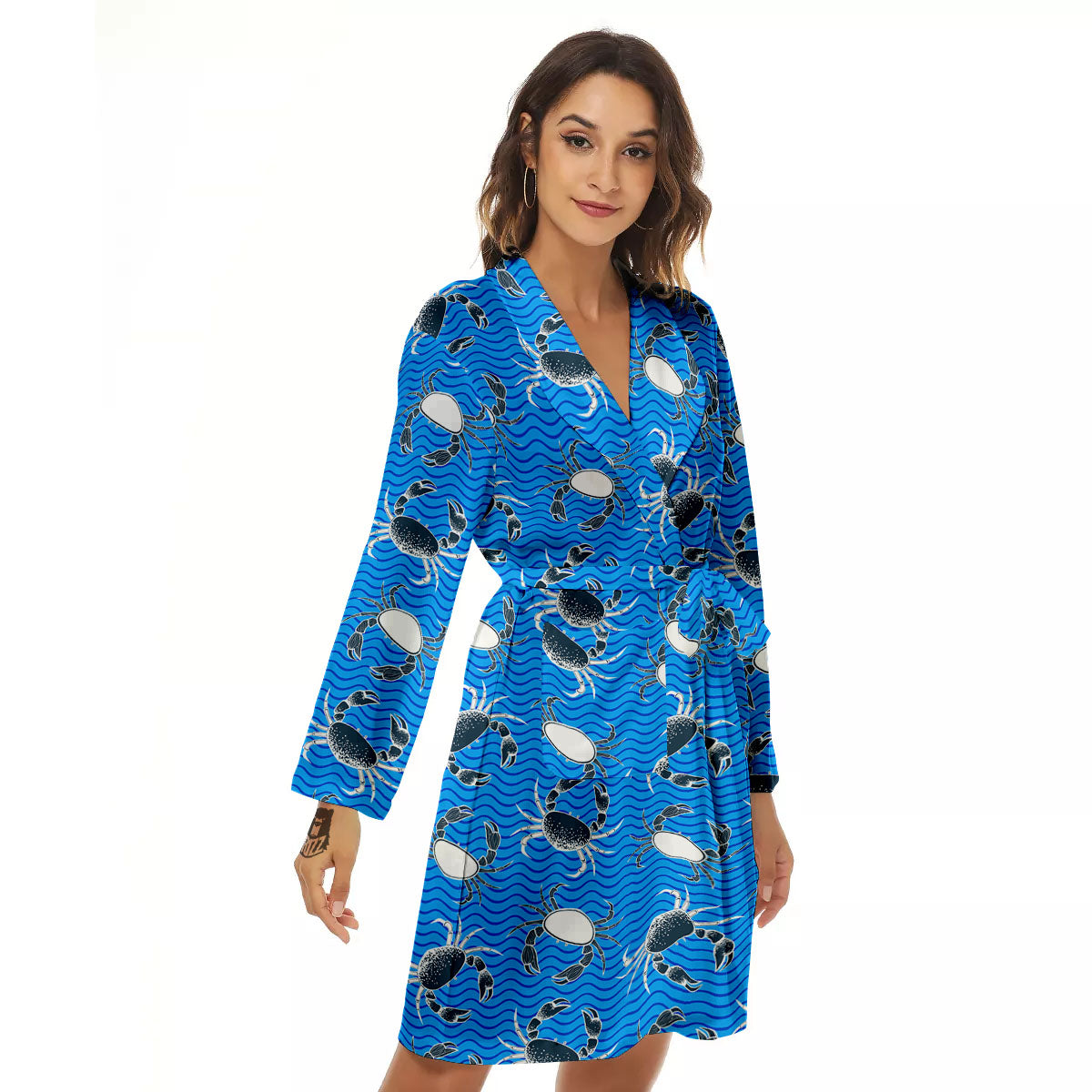 Wave Crab White And Blue Print Pattern Women's Robe-grizzshop