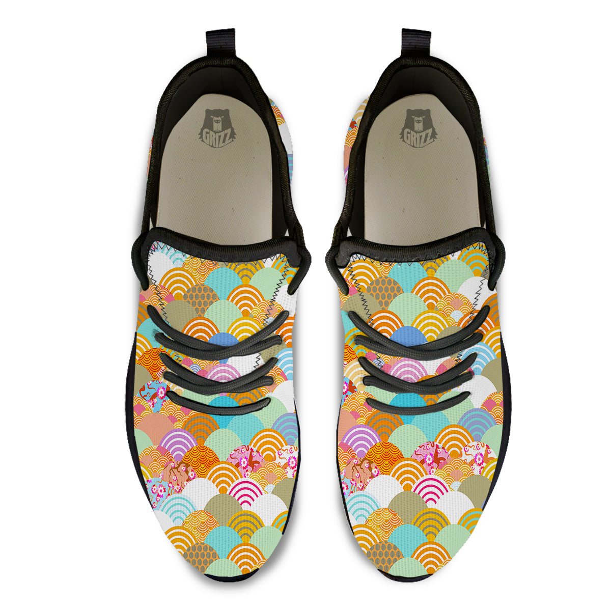 Wave Japanese Flower Colorful Print Pattern Black Athletic Shoes-grizzshop