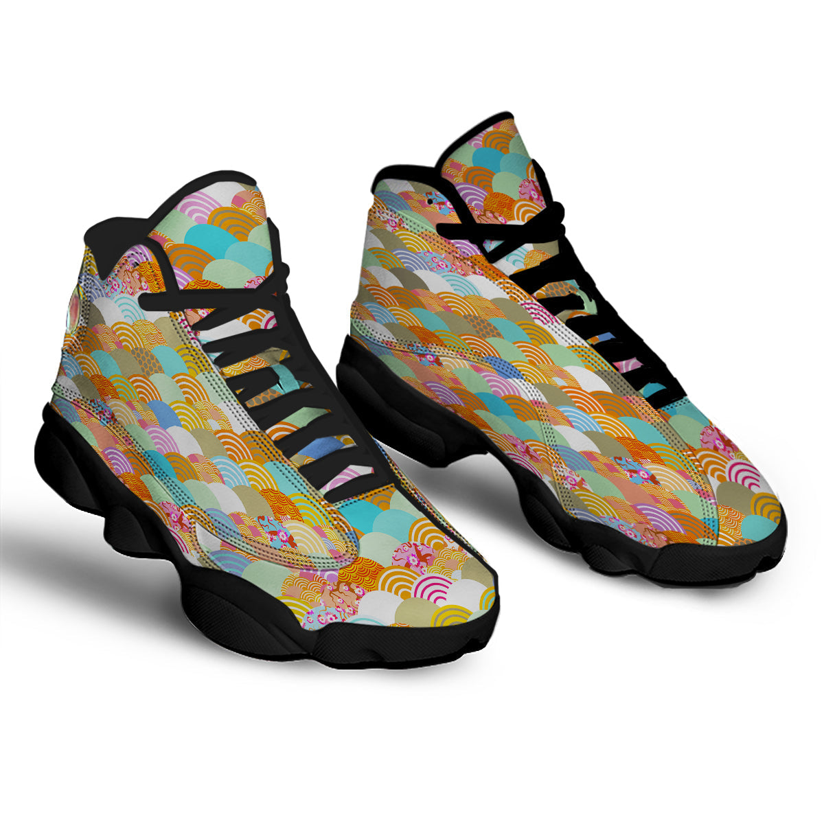 Wave Japanese Flower Colorful Print Pattern Black Basketball Shoes-grizzshop