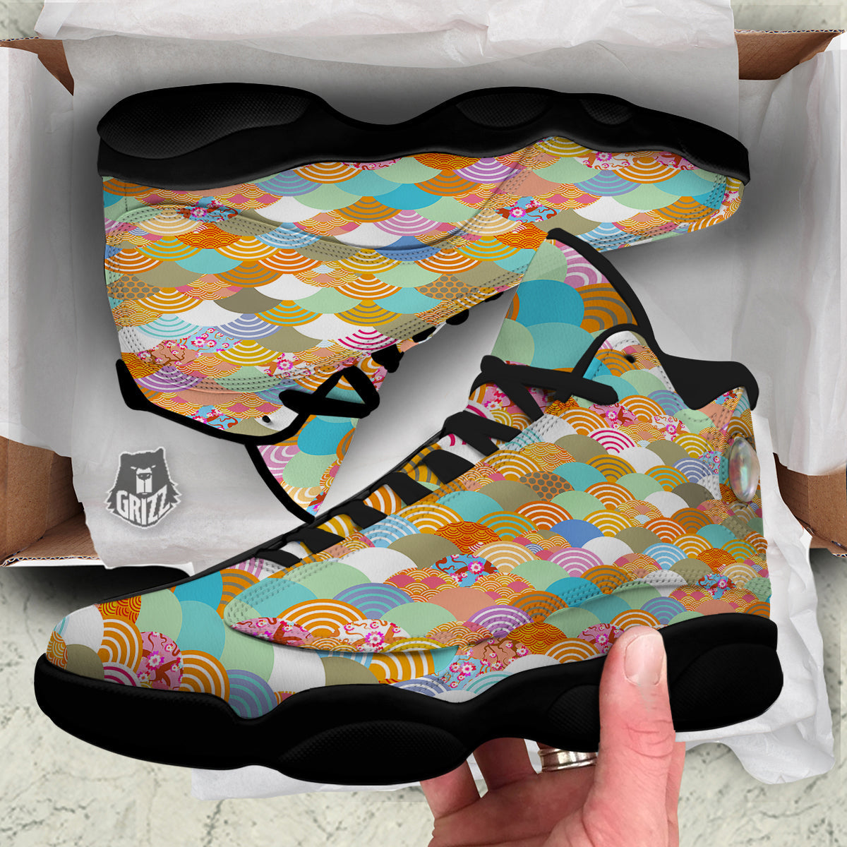 Wave Japanese Flower Colorful Print Pattern Black Basketball Shoes-grizzshop