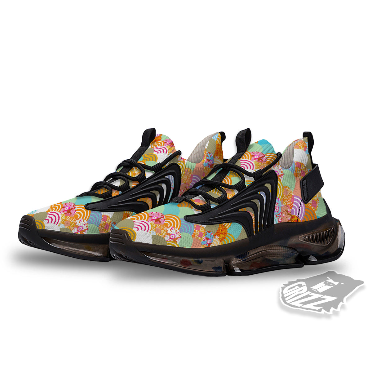 Wave Japanese Flower Colorful Print Pattern Black Gym Shoes-grizzshop