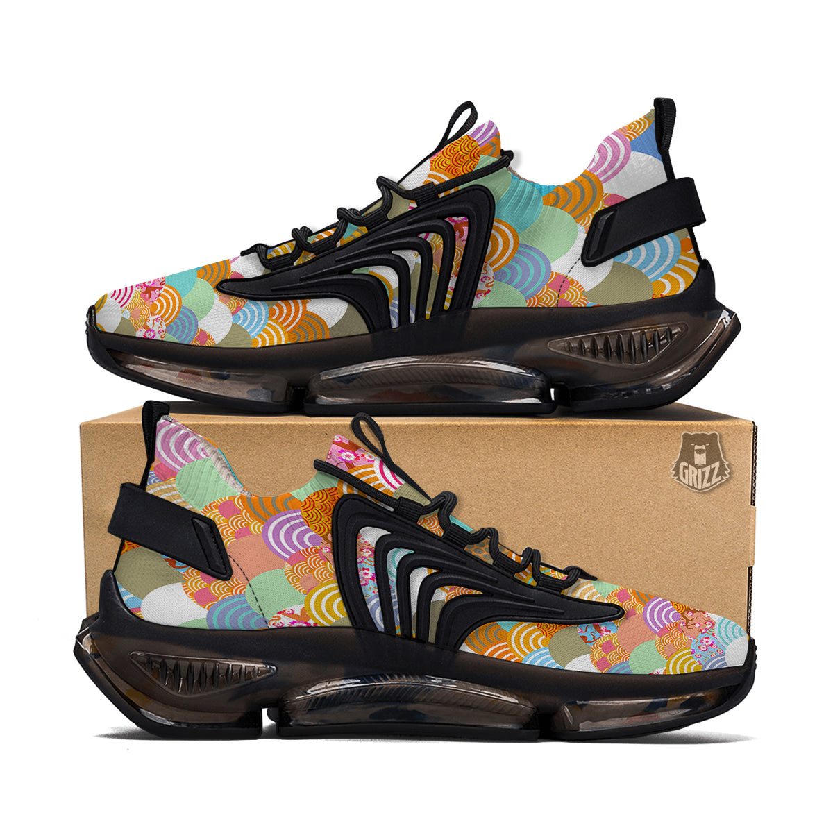 Wave Japanese Flower Colorful Print Pattern Black Gym Shoes-grizzshop