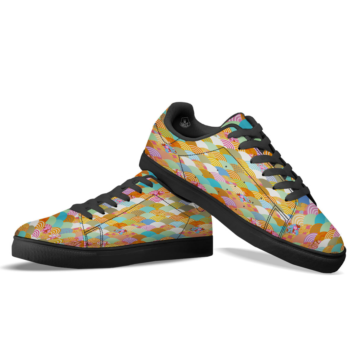 Wave Japanese Flower Colorful Print Pattern Black Low Top Sneakers-grizzshop
