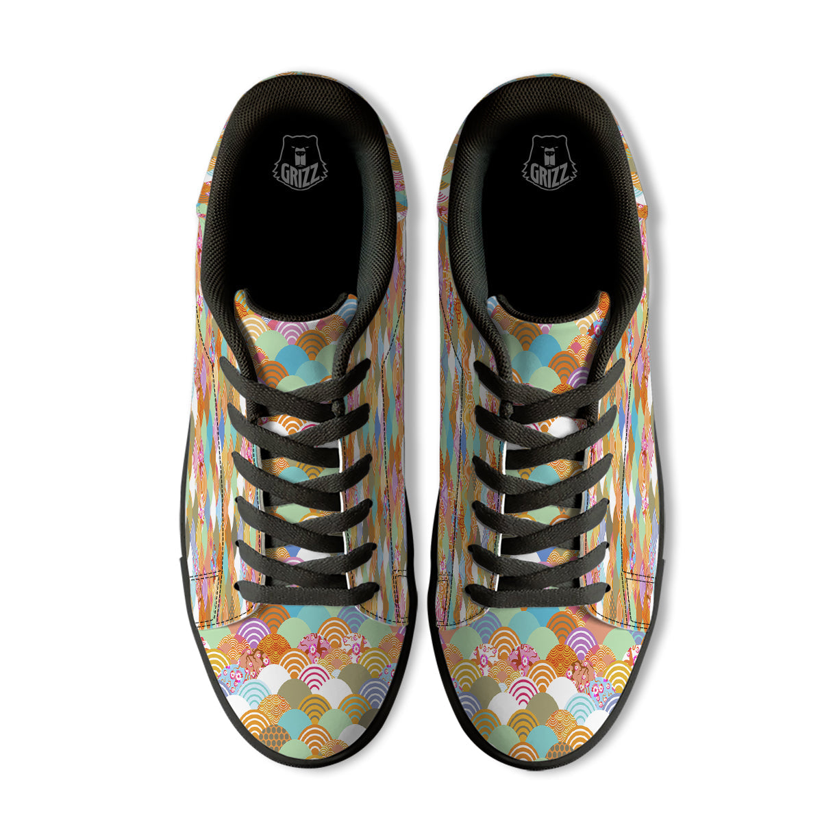 Wave Japanese Flower Colorful Print Pattern Black Low Top Sneakers-grizzshop