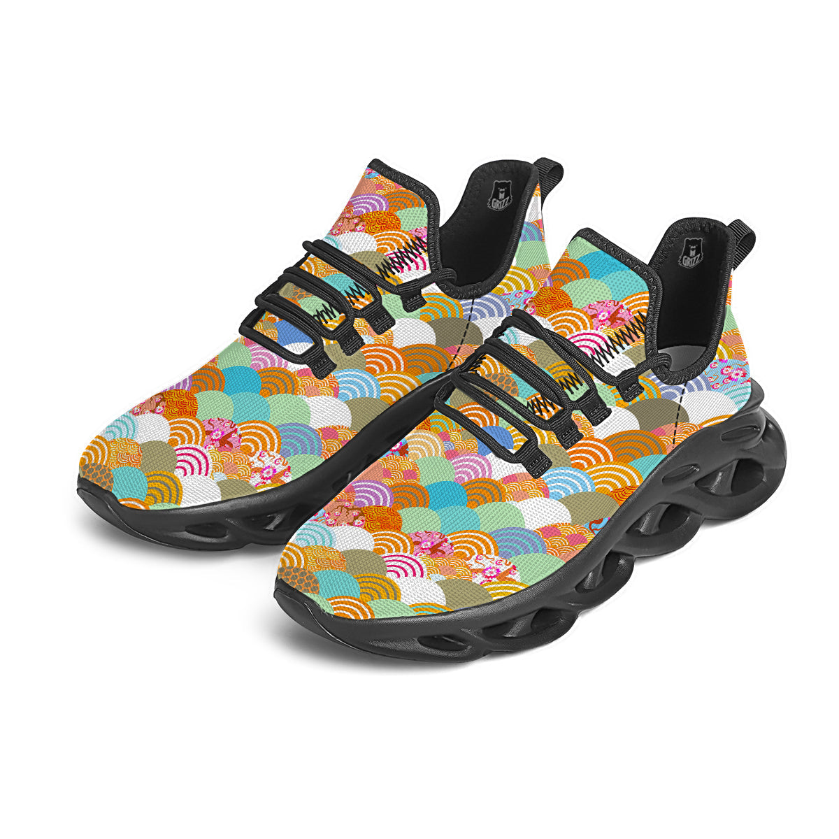 Wave Japanese Flower Colorful Print Pattern Black Running Shoes-grizzshop