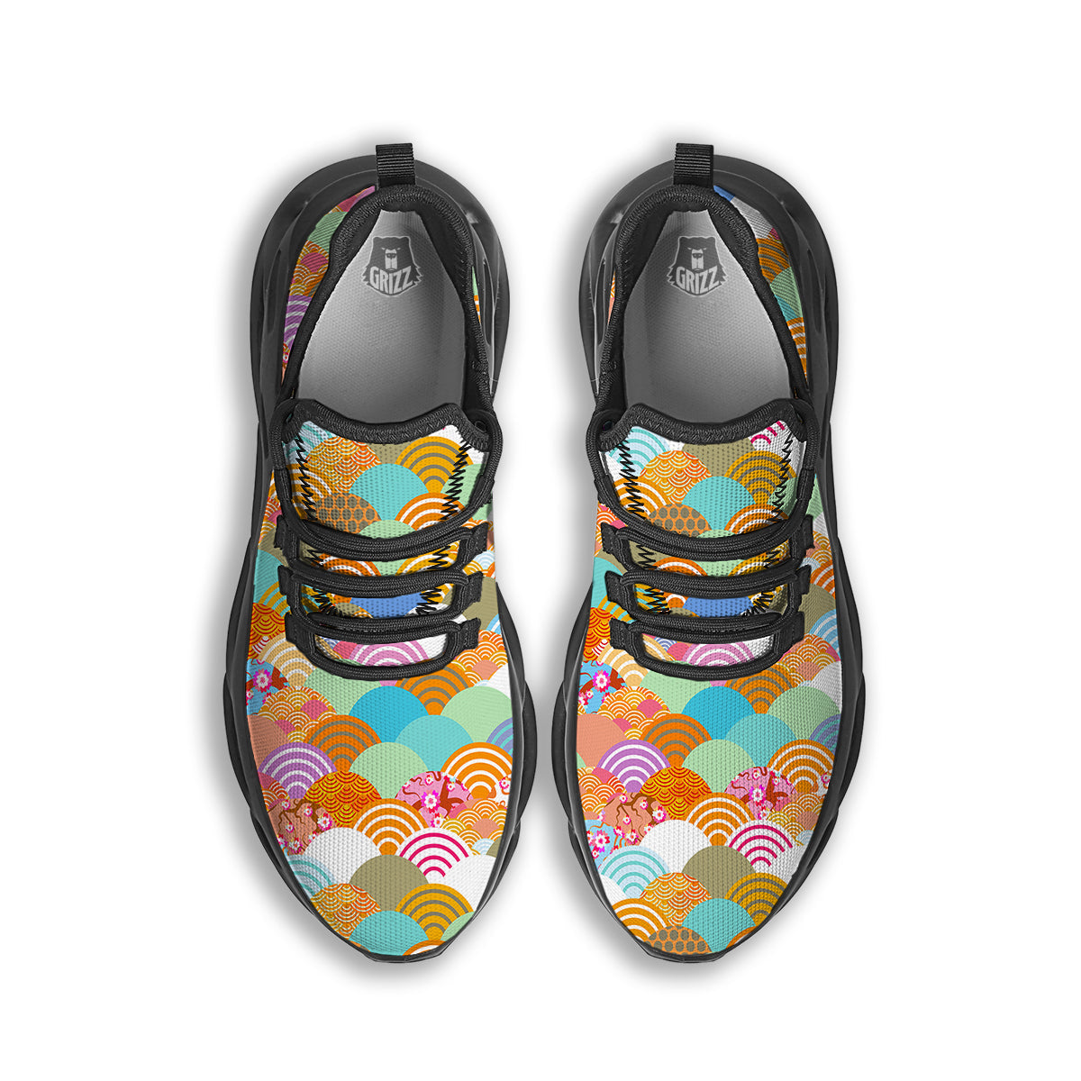 Wave Japanese Flower Colorful Print Pattern Black Running Shoes-grizzshop