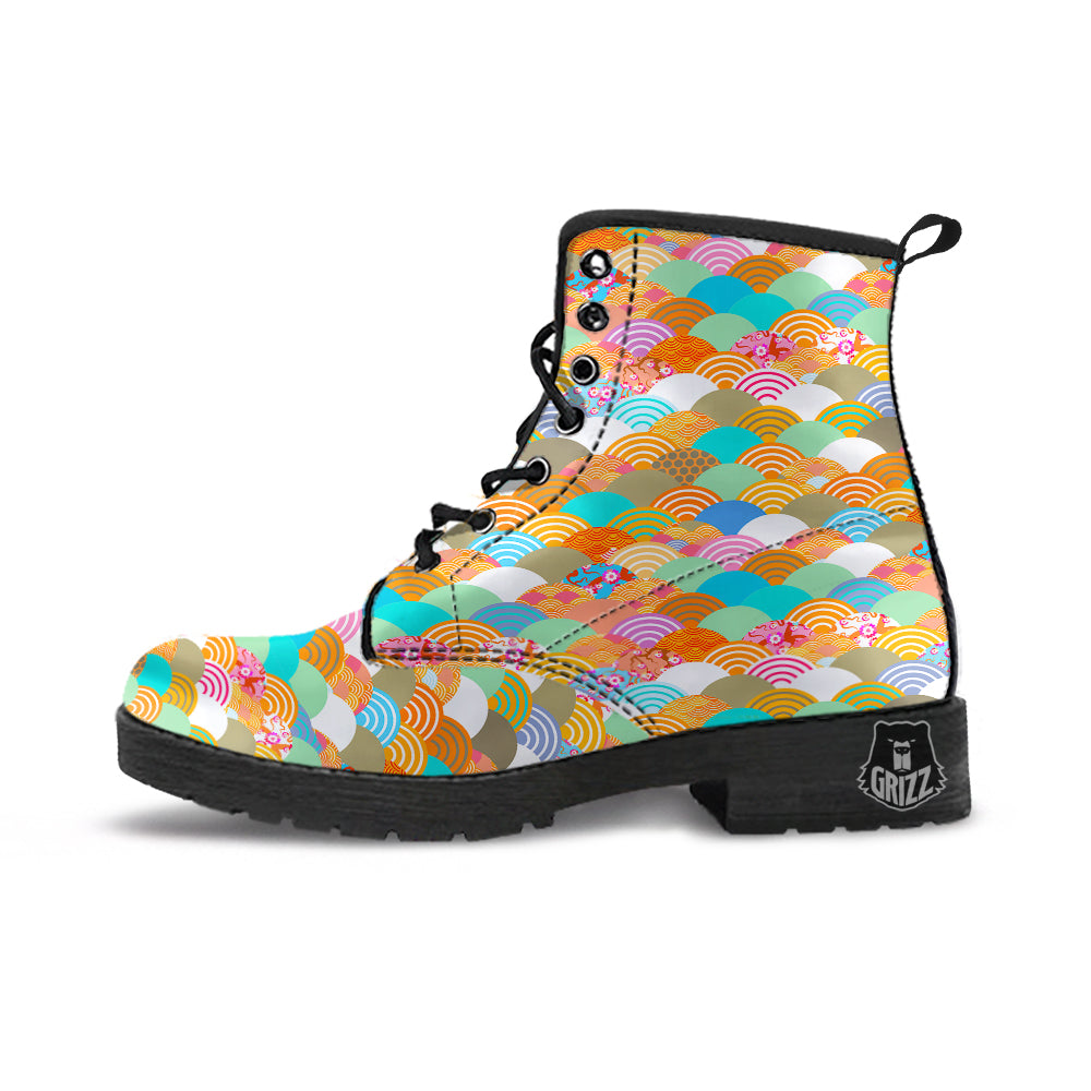 Wave Japanese Flower Colorful Print Pattern Leather Boots-grizzshop