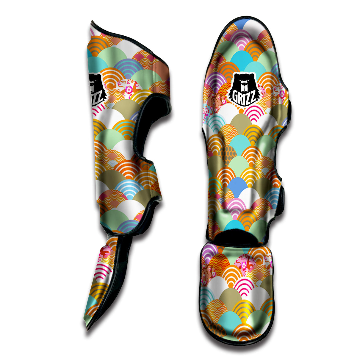 Wave Japanese Flower Colorful Print Pattern Muay Thai Shin Guards-grizzshop