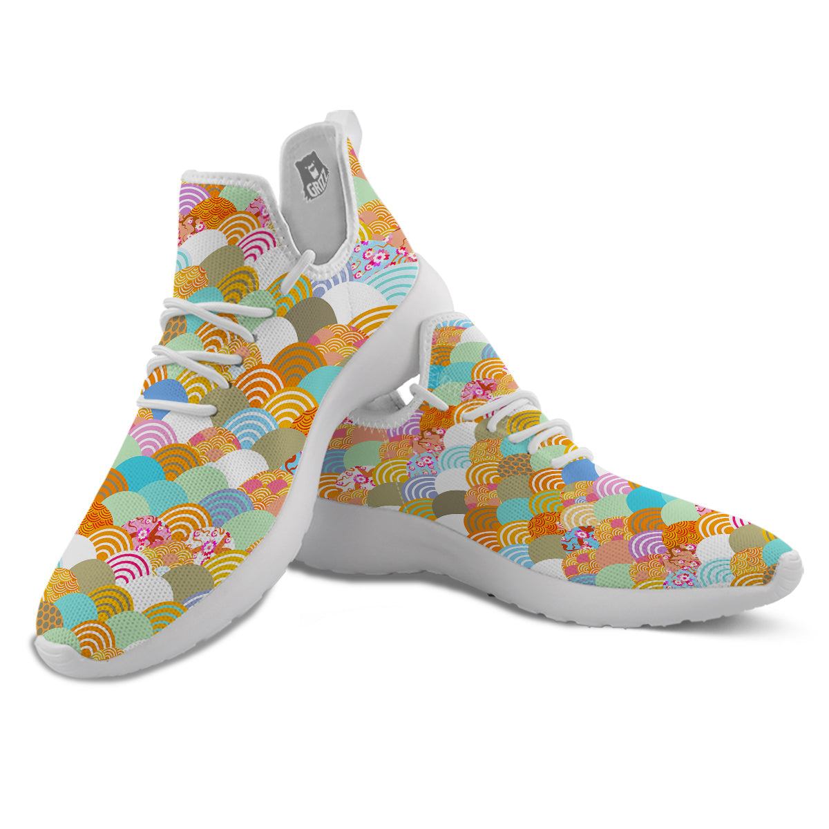 Wave Japanese Flower Colorful Print Pattern White Athletic Shoes-grizzshop