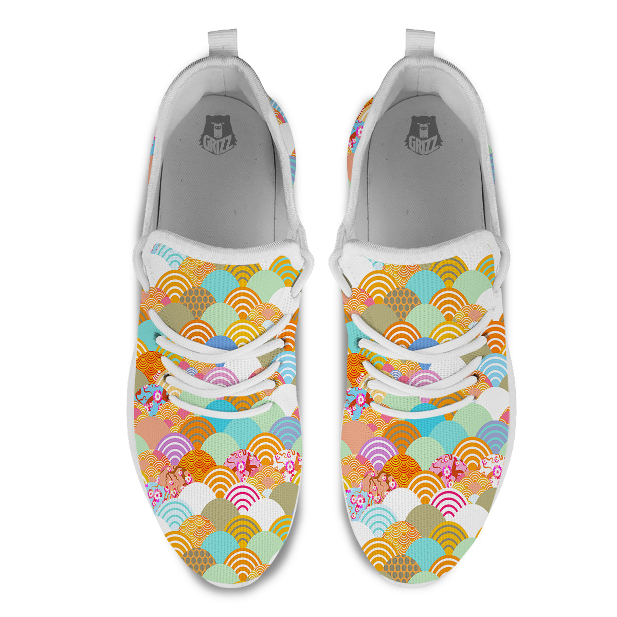Wave Japanese Flower Colorful Print Pattern White Athletic Shoes-grizzshop