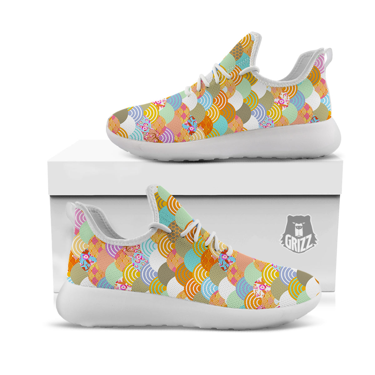 Wave Japanese Flower Colorful Print Pattern White Athletic Shoes-grizzshop