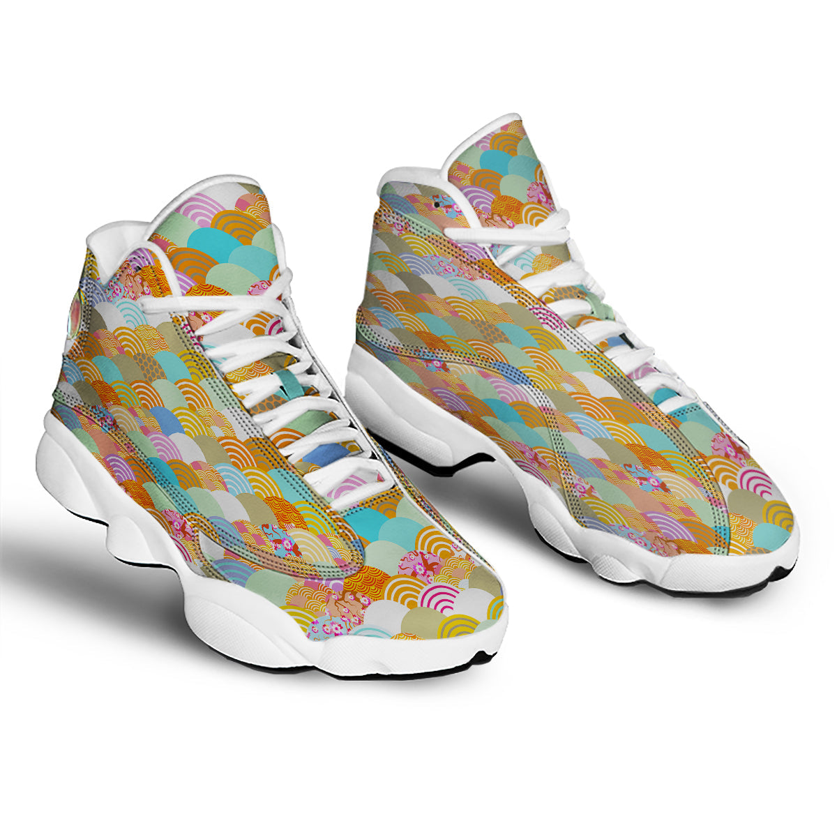 Wave Japanese Flower Colorful Print Pattern White Basketball Shoes-grizzshop