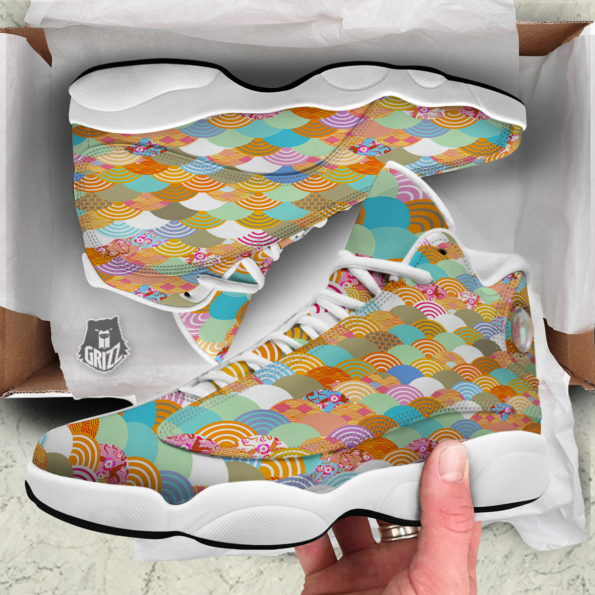 Wave Japanese Flower Colorful Print Pattern White Basketball Shoes-grizzshop
