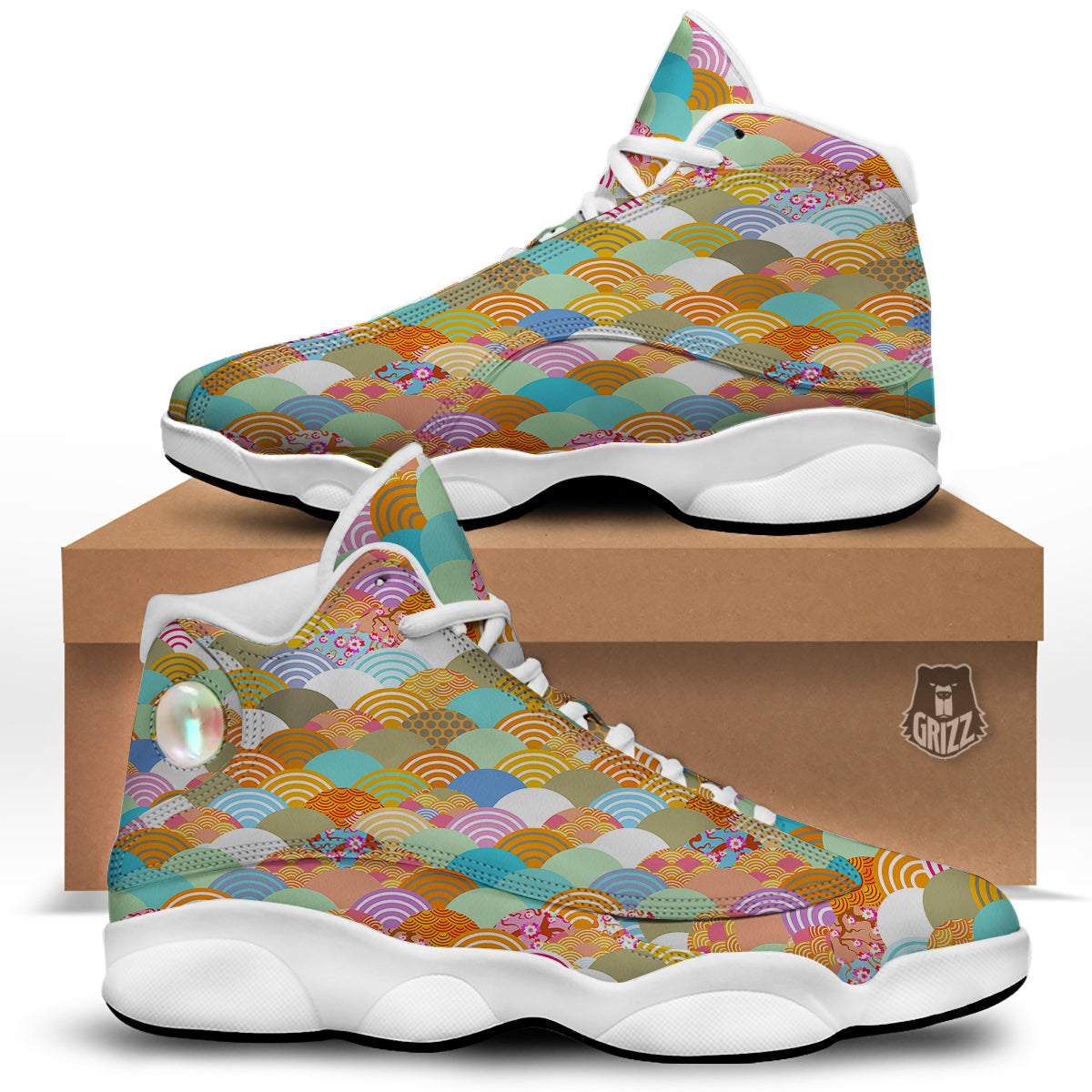 Wave Japanese Flower Colorful Print Pattern White Basketball Shoes-grizzshop
