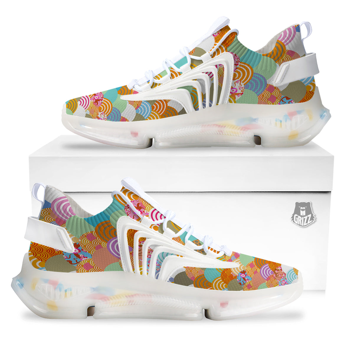 Wave Japanese Flower Colorful Print Pattern White Gym Shoes-grizzshop